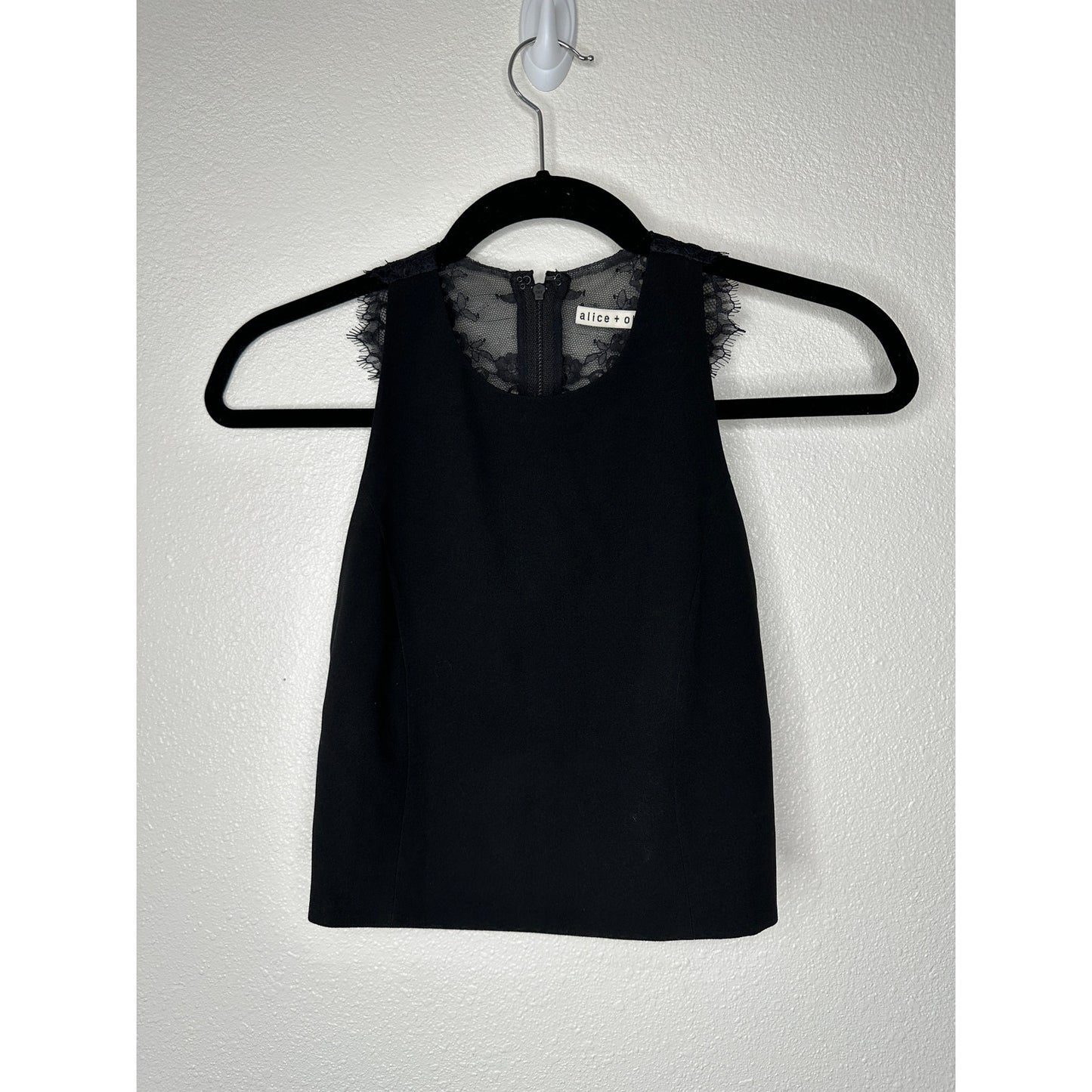 Alice + Olivia Crepe de Chine Black Lace Going Out Crop Top 0