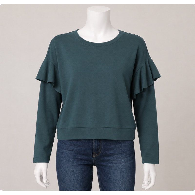 Romeo & Juliet Hunter Green Ruffle Long Sleeve Knit Round Neck Sweater S