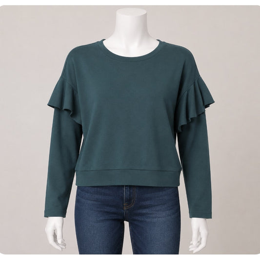 Romeo & Juliet Hunter Green Ruffle Long Sleeve Knit Round Neck Sweater S