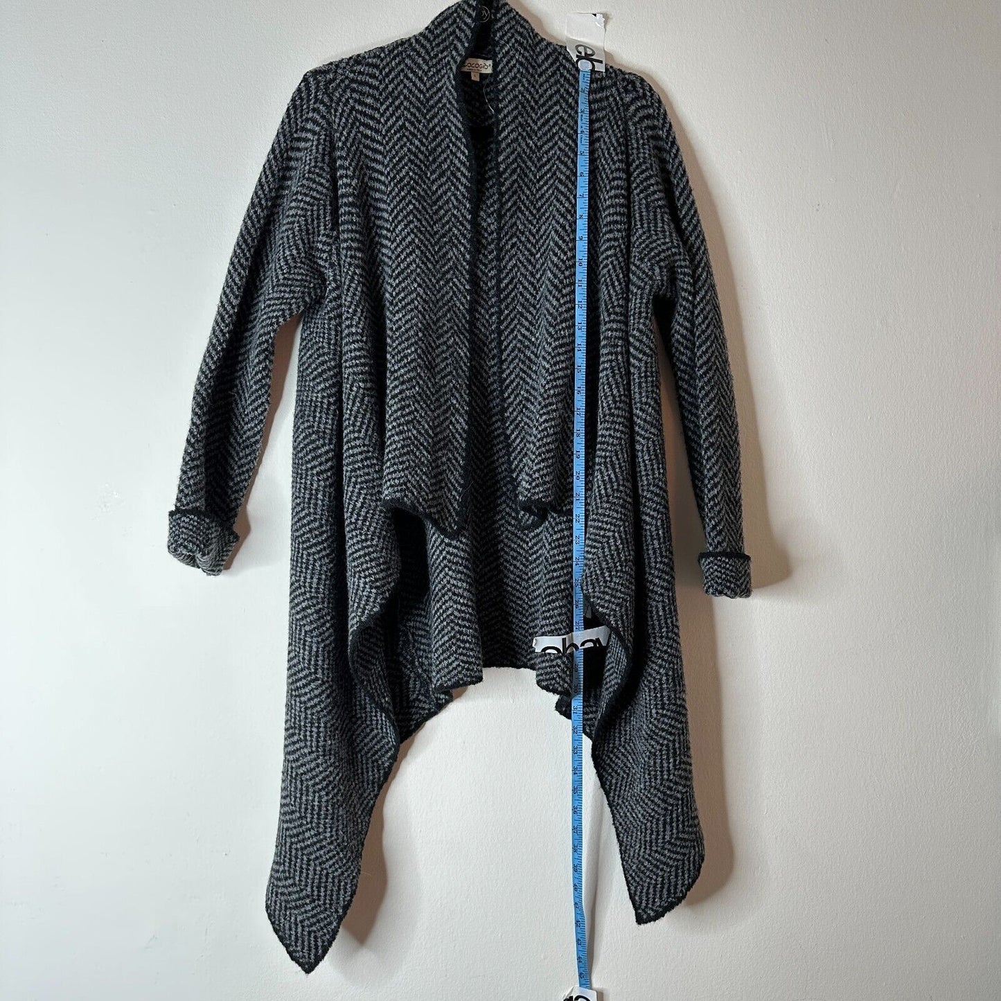 Cocogio Gray & Black Herringbone Waterfall Collar Cardigan Asymmetrical Hem L