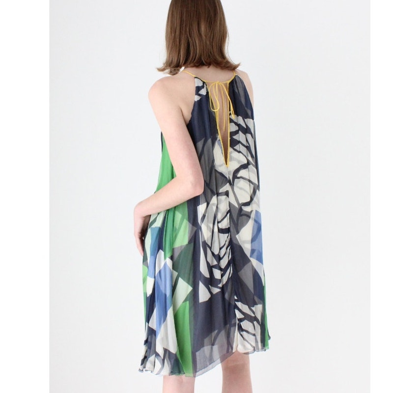 Catherine Malandrino Blue Green Cream Sleeveless Silk Tie Dress 6