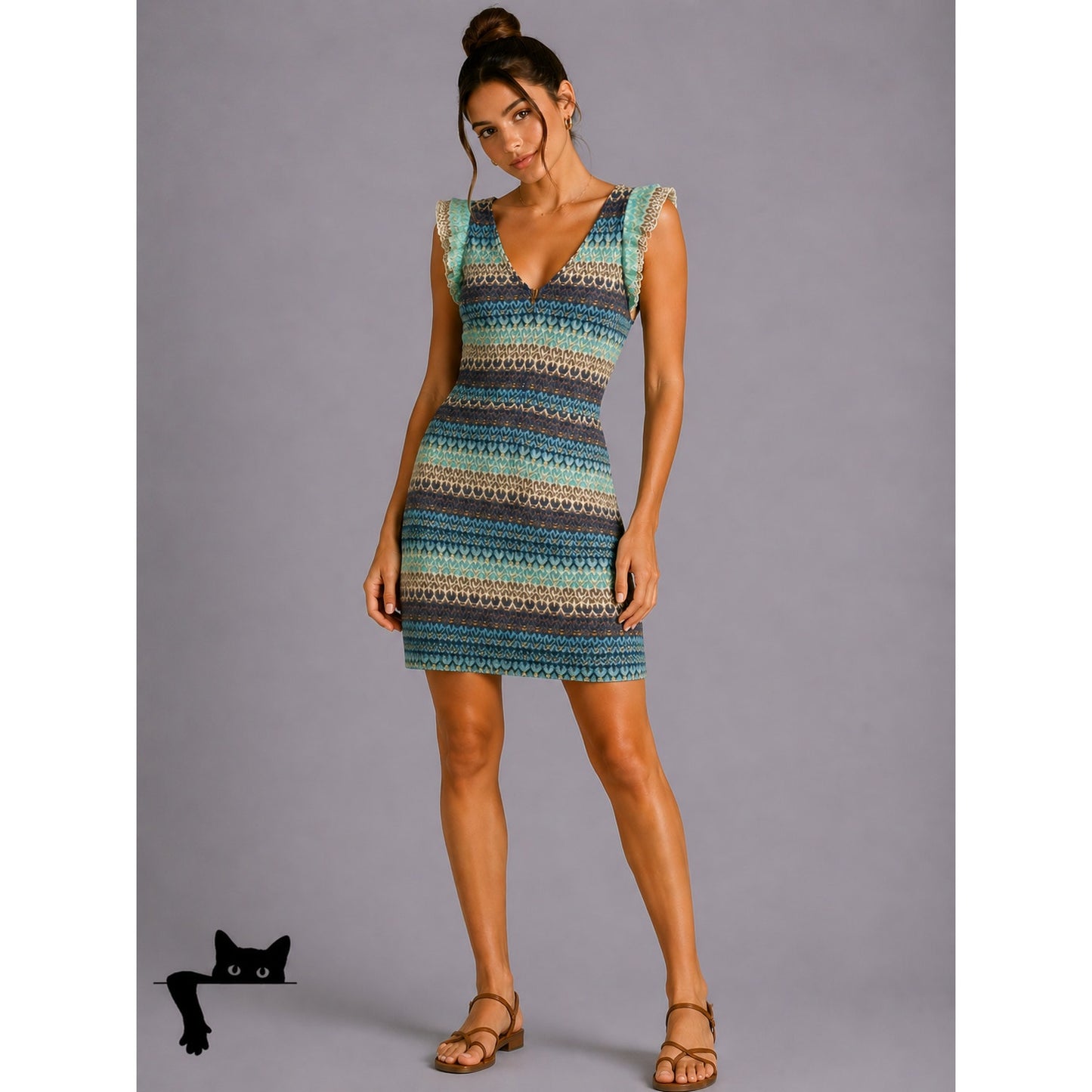 Tabitha Teal Brown Blue Cream Crochet Stripe V-Neck Ruffle Cap Sleeve Mini Dress
