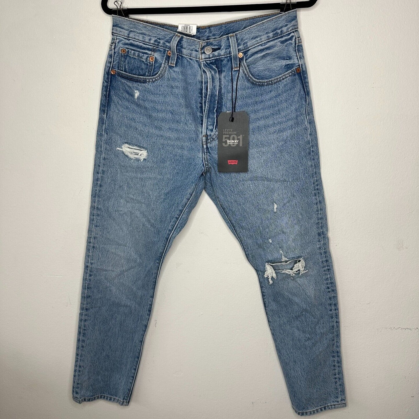 NWT Lee 501 Skinny High Rise Non Stretch Med Wash Distressed Button Fly Jean 29