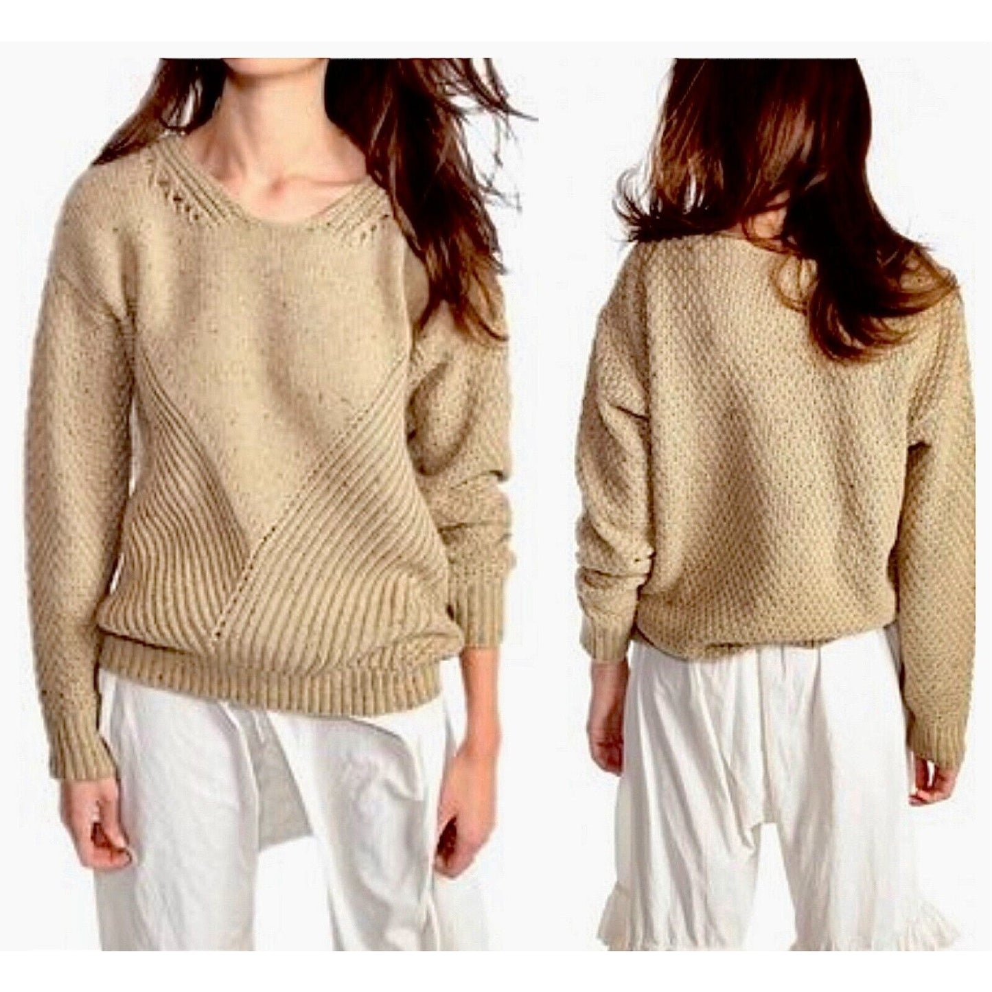 Wildfox Weekday Fuzzy Chunky Knit Design Oatmeal Tan Boxy Sweater Jumper S