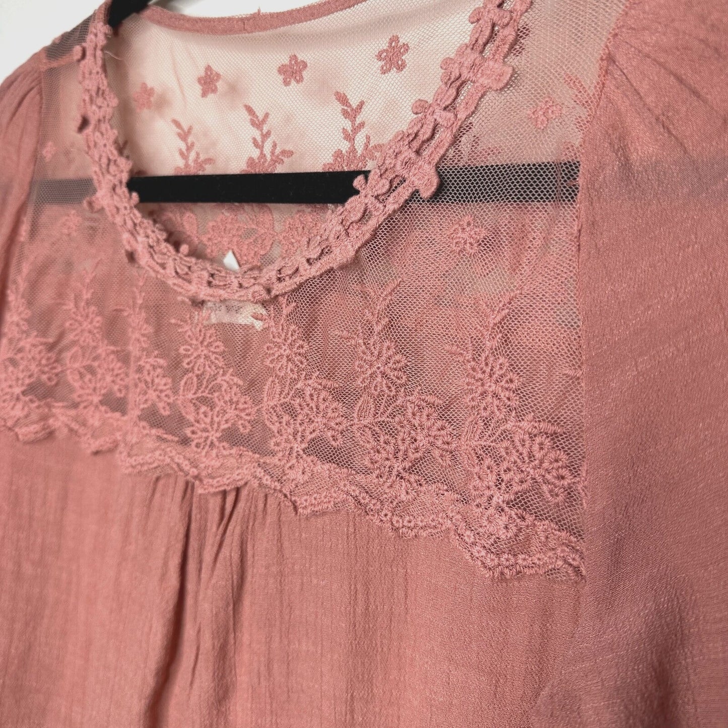 Blu Pepper Pink Apricot Floral Lace Bodice Blouse Long Sleeve Roll Tab Sleeve S