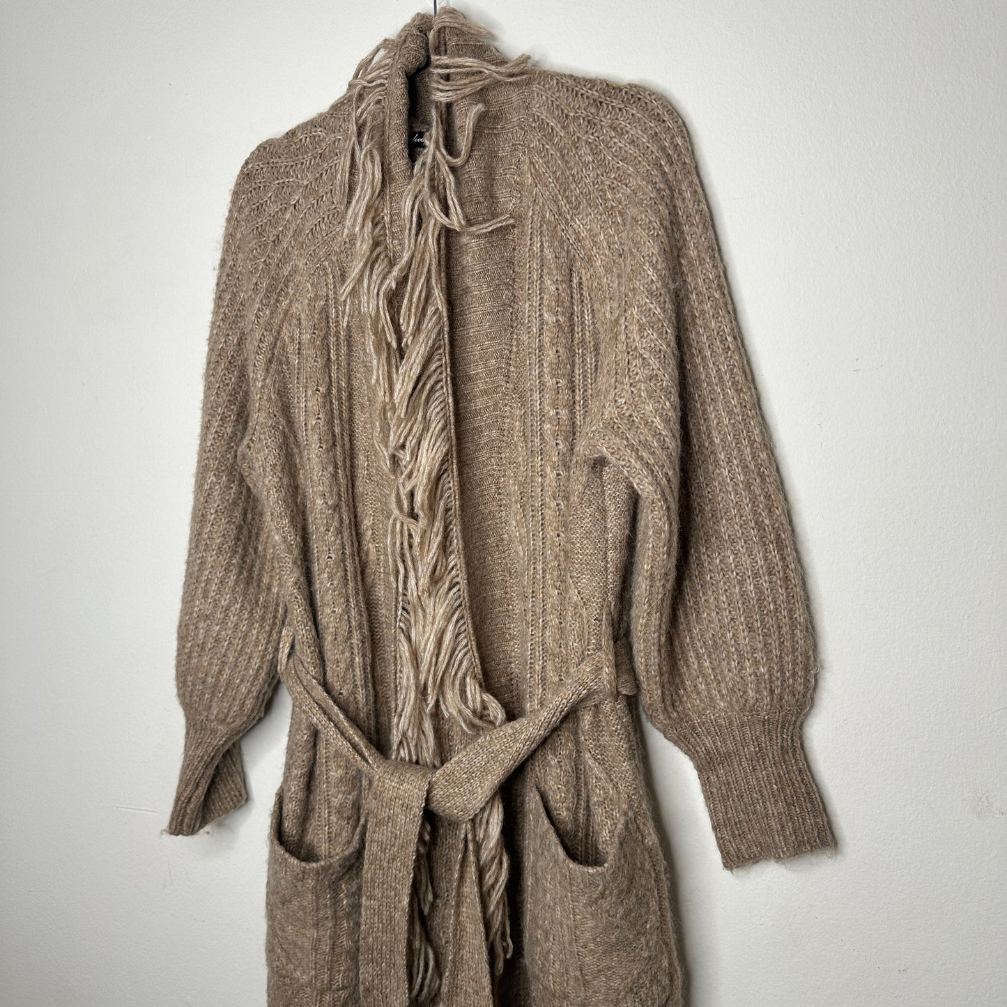 Olivaceous Tan Cream Cable Knit Fringe Trim Midi Cardigan L