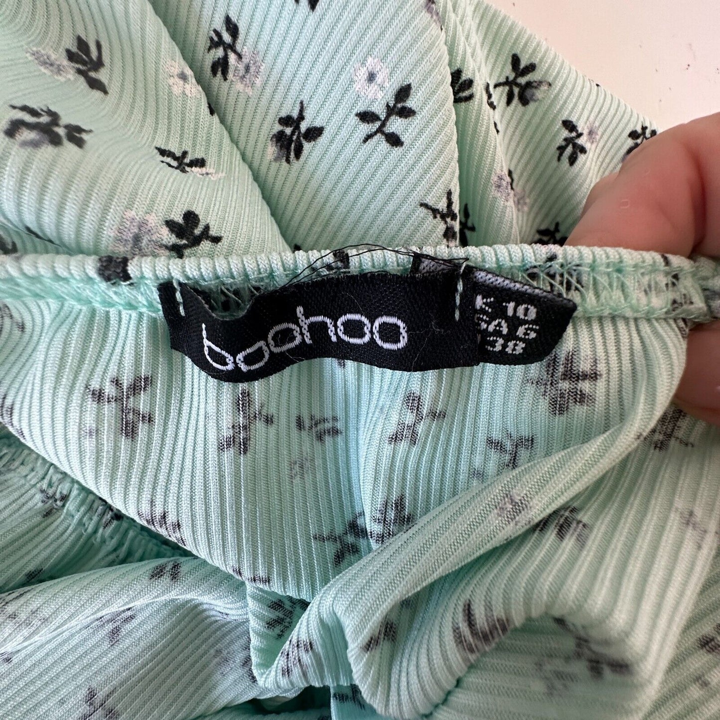 Ditsy Mint Floral Rouched Bust Rib Knit Spaghetti Strap Jersey Mini 6