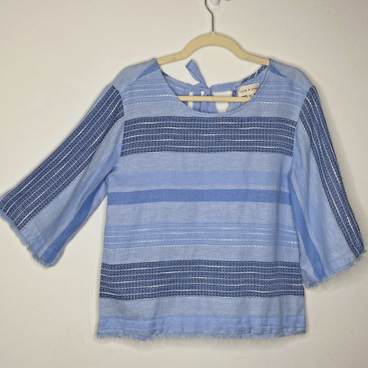 Cloth & Stone Light Blue & Navy Stripe Linen Bell Sleeve Raw Hem Tie Neck Top XS