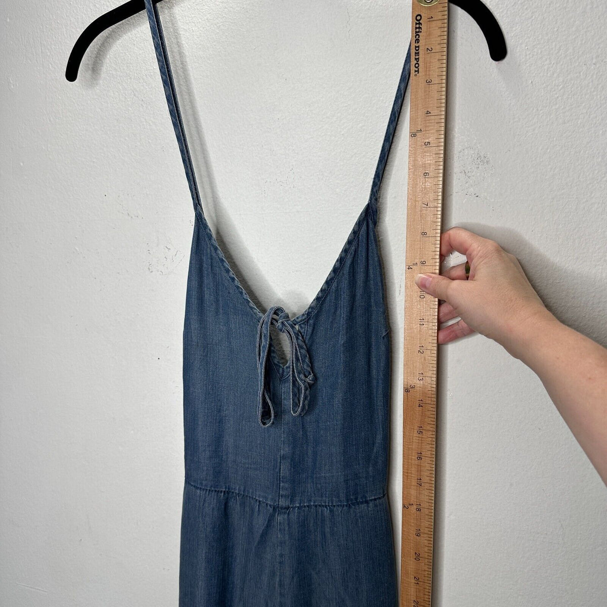 Lovestitch Medium Wash Blue Wide Leg Spaghetti Strap V-Neck Front Tie Jumpsuit S