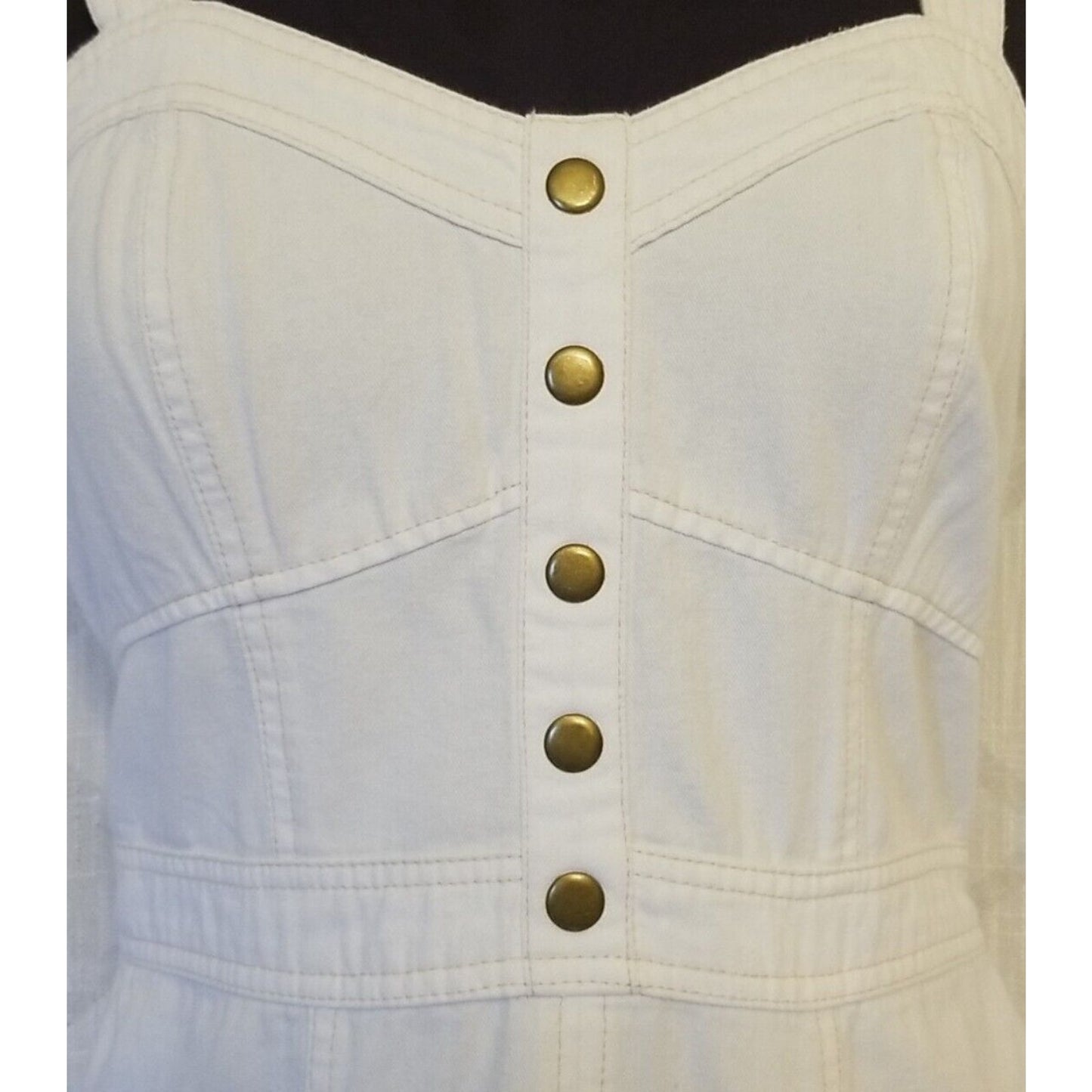 Japna White Denim Tan Stitch Bronze Snap Sweetheart Neck Pocket Mini Dress M