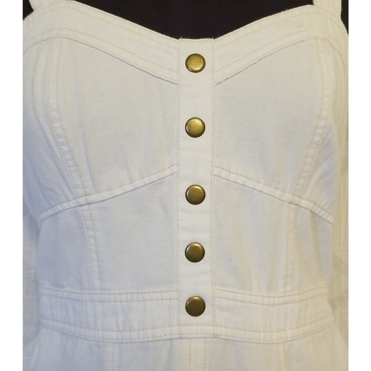 Japna White Denim Tan Stitch Bronze Snap Sweetheart Neck Pocket Mini Dress M