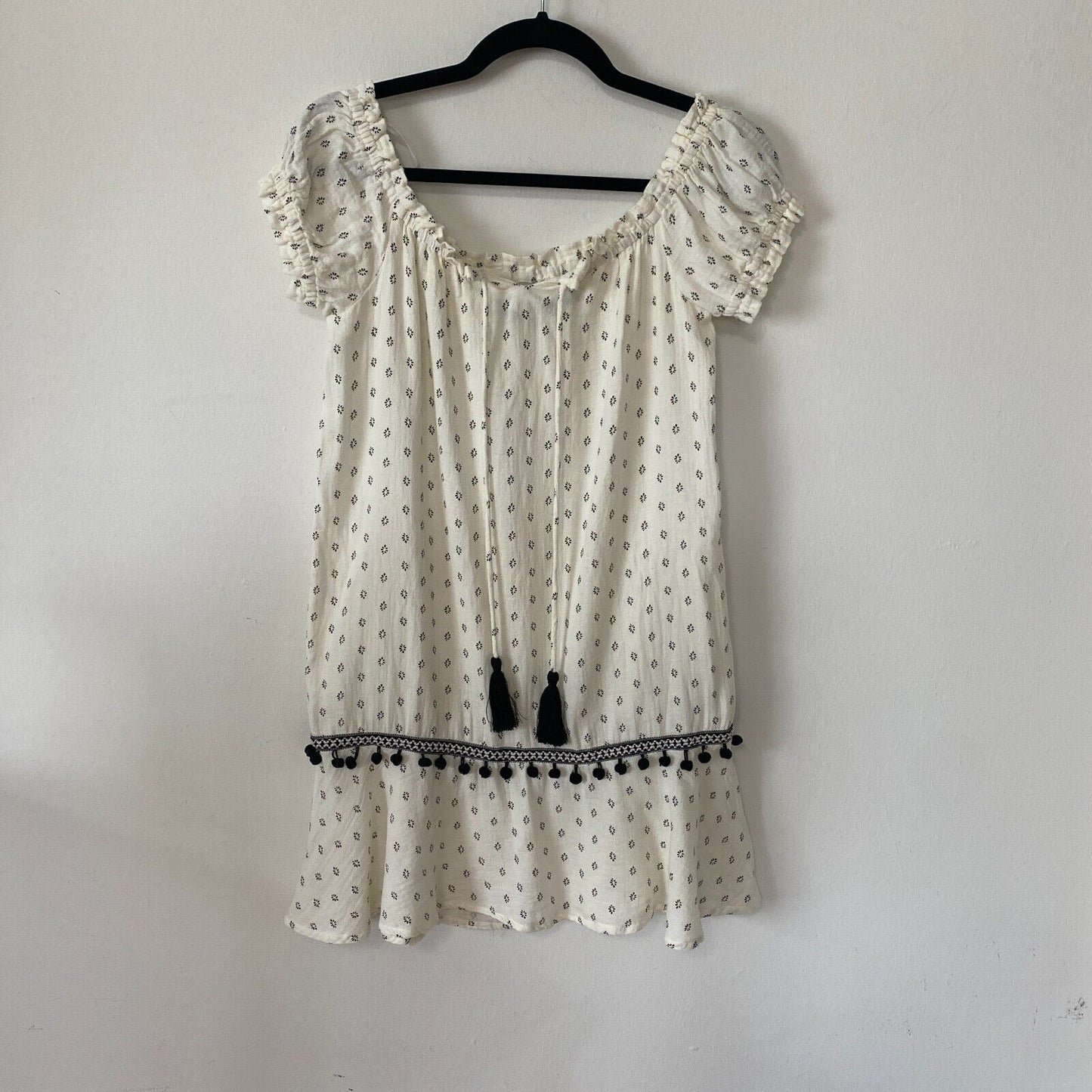 Minkpink Off-Shoulder Common Ground Cream Black Ruffle Mini Dress Pom Tassel XS