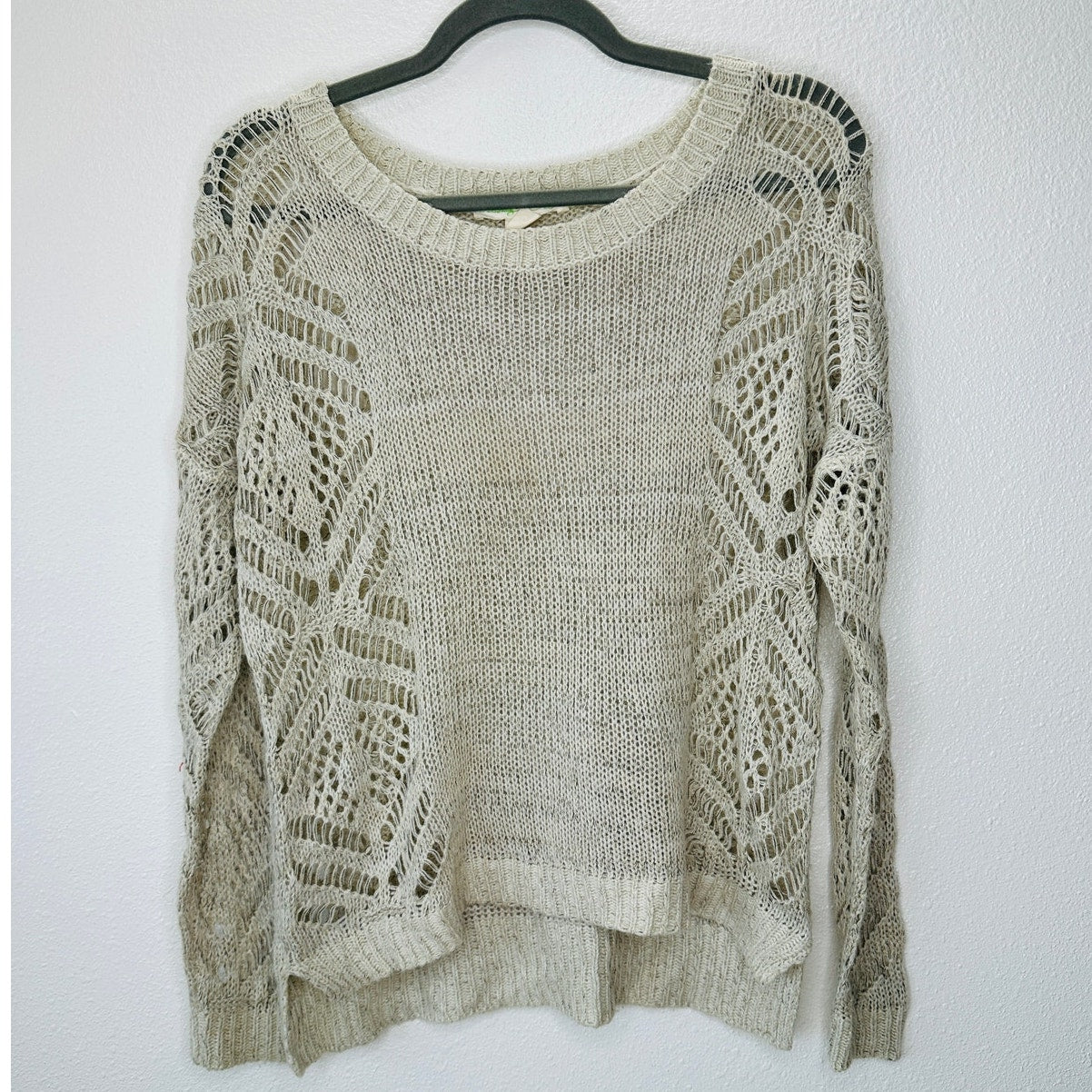 Staring at Stars Beige Tan Open Stitch Thin Round Neck Sweater Small