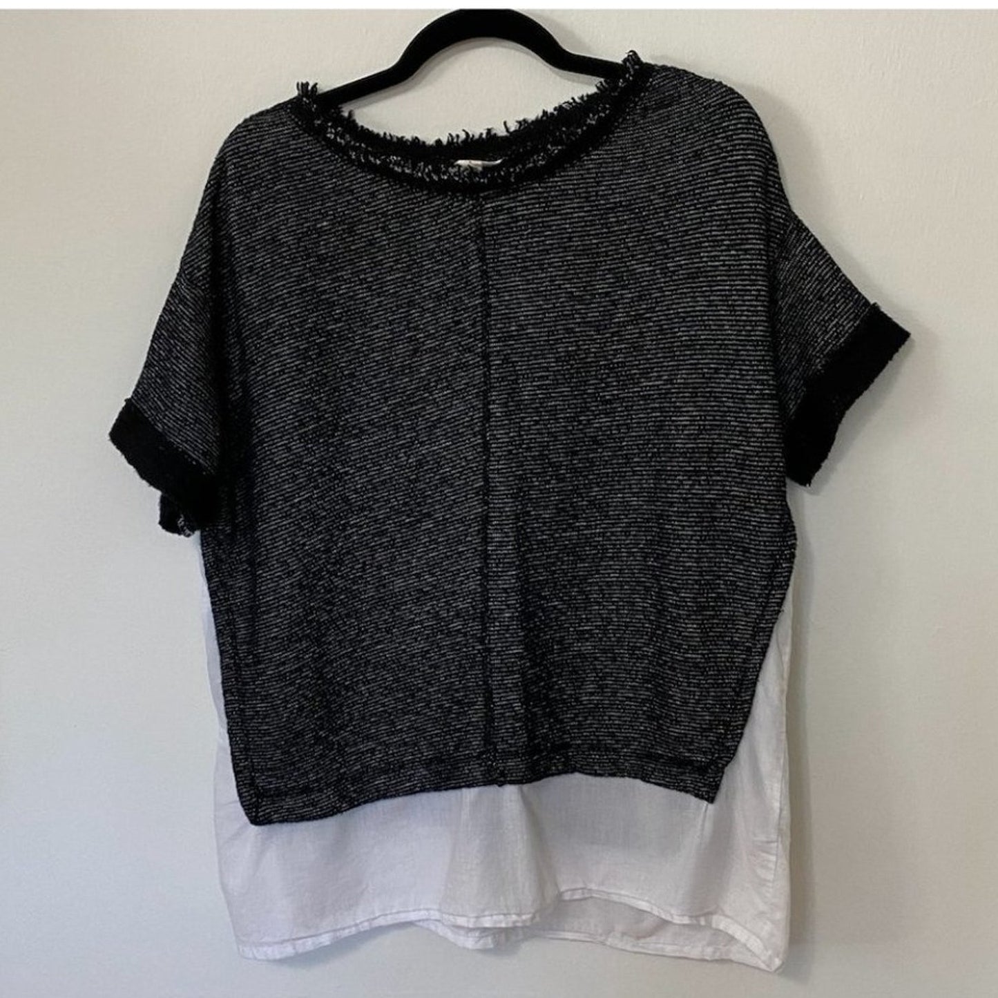 Caslon Black White Color Block Boxy Crewneck Woven Hem Striped Texture Top M