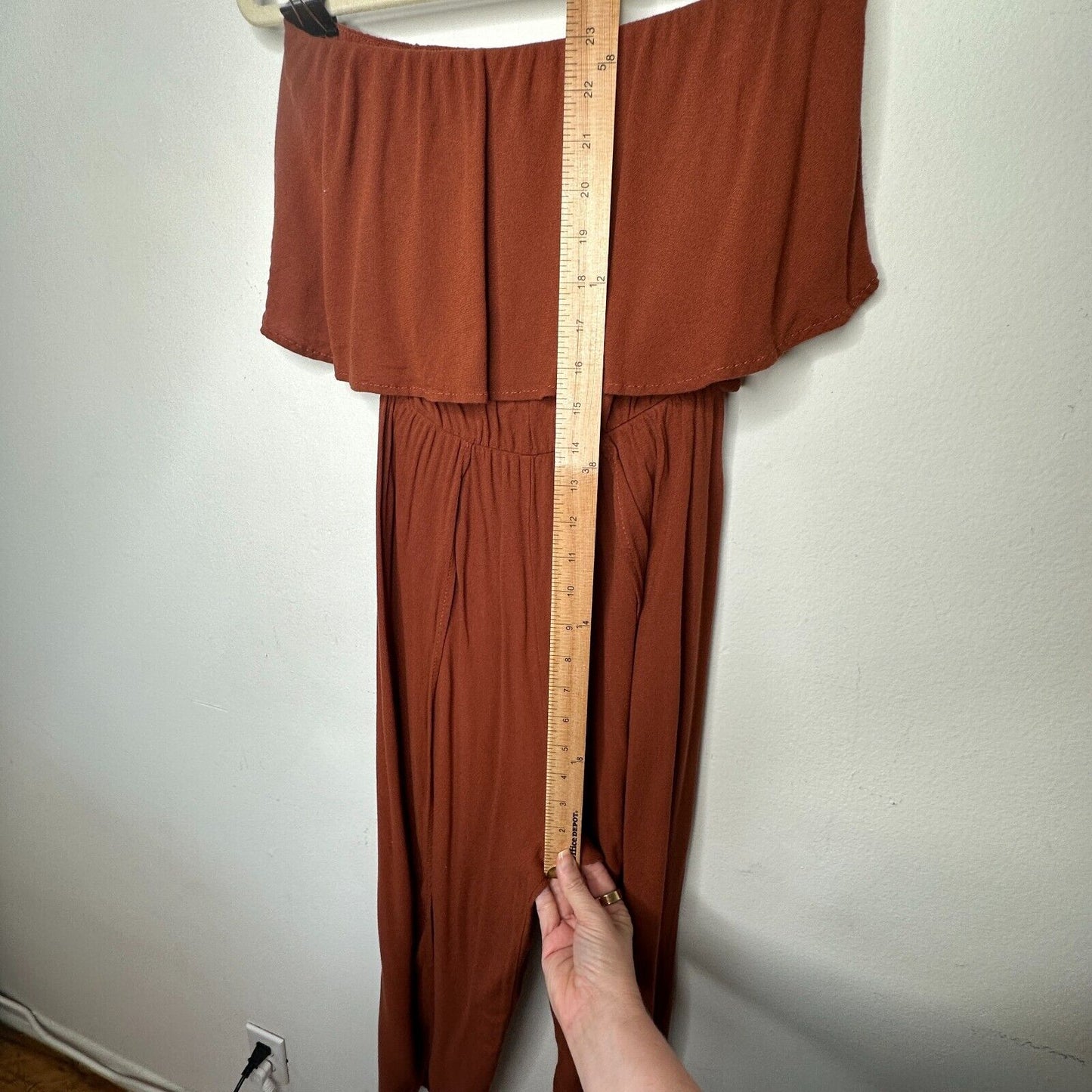 Angl Rust Bronze Brown Bandeau Ruffle Off-Shoulder Harem Slit Pant Jumpsuit SM