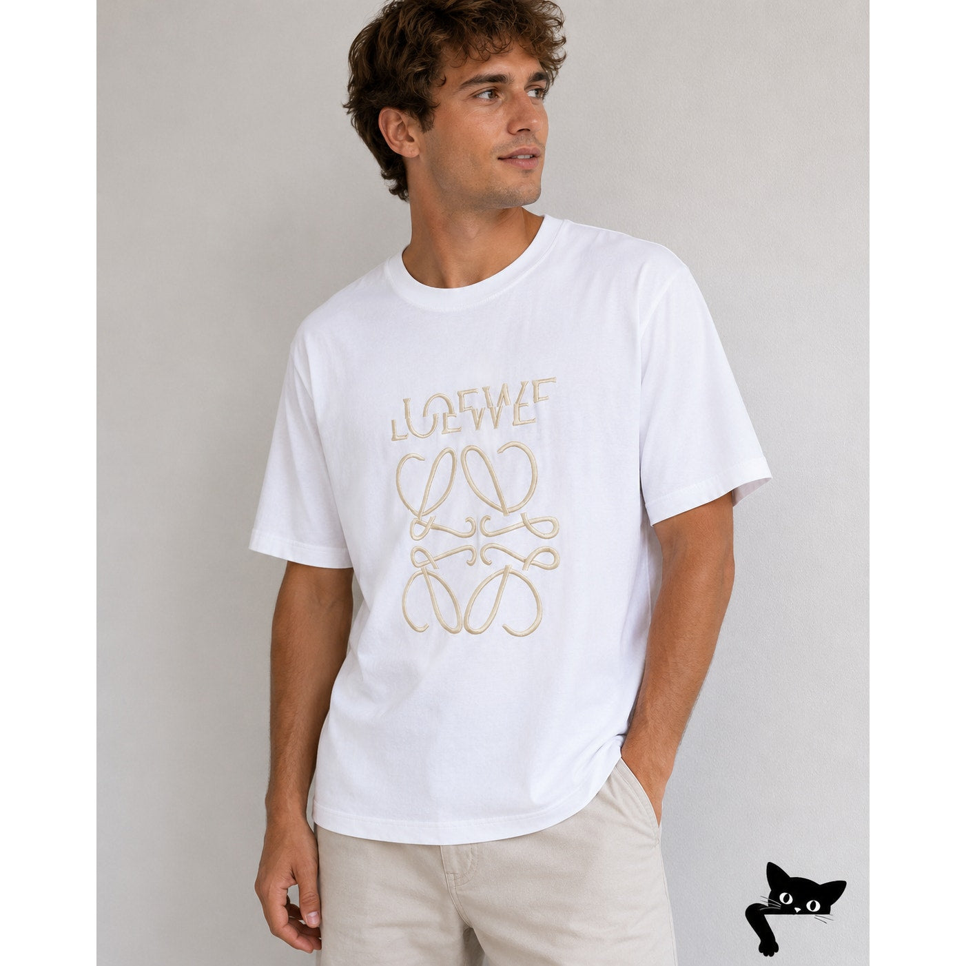 Loewe White Short Sleeve Cream Embroidered Logo Graphic Tee S