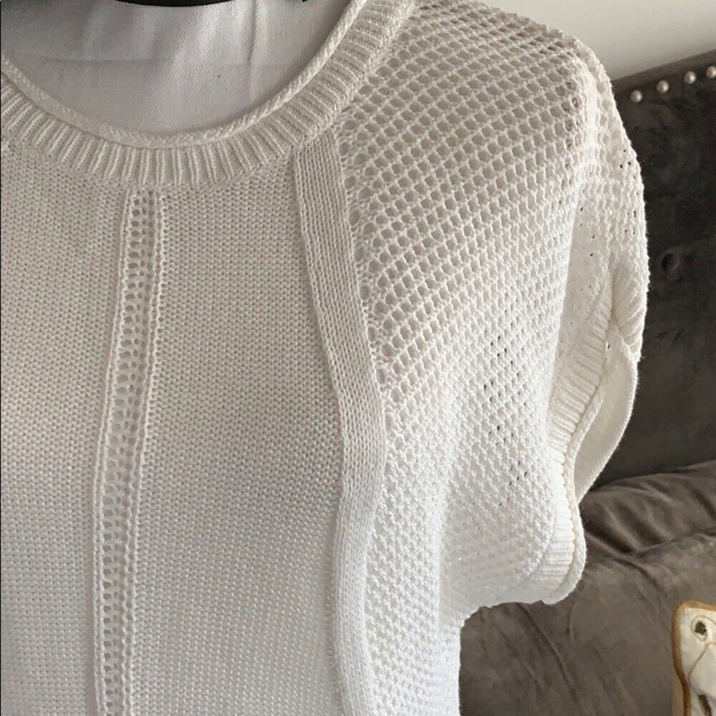 White Ivory Knit Asymmetrical Round Neck Short Sleeve Sweater S