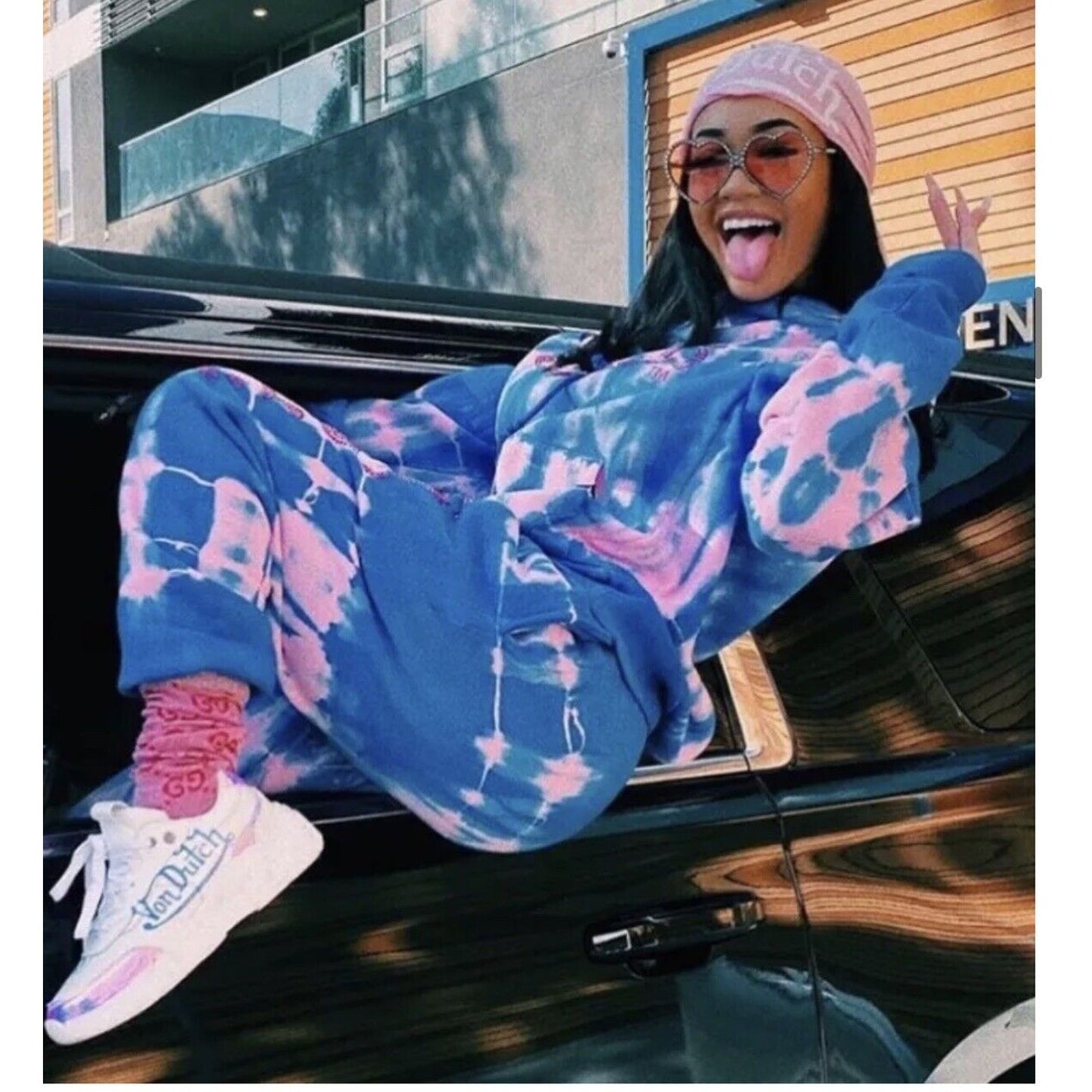 Von Dutch SET Blue Pink Tie Dye Red Rhinestone Logo Oversize Hoodie & Pants