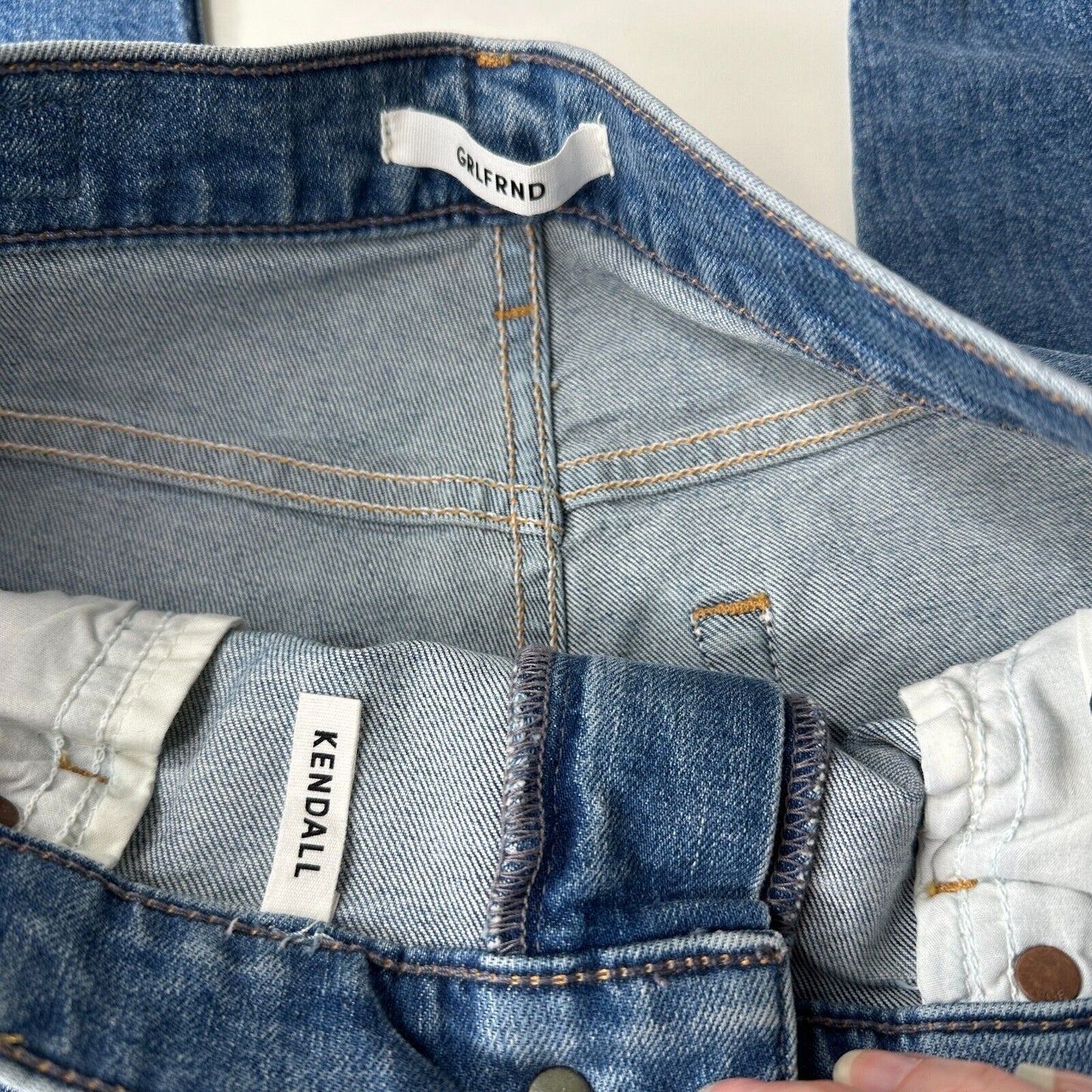 NWT GRLFRND Kendall Med Wash Amelia Distress Knee High Waist Raw Hem Jeans 31