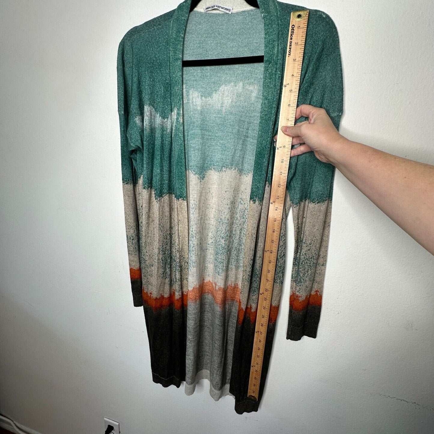 Printed Artworks Cashmere Silk Teal Tan Brown Orange Stripe Long Cardigan Small