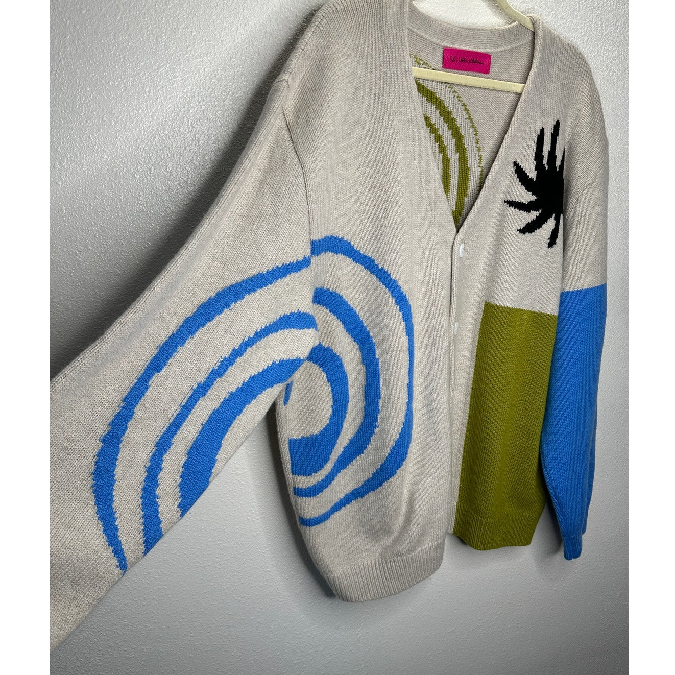 The Elder Statesman Tan Blue Green Block & Spiral Cashmere Cardigan L