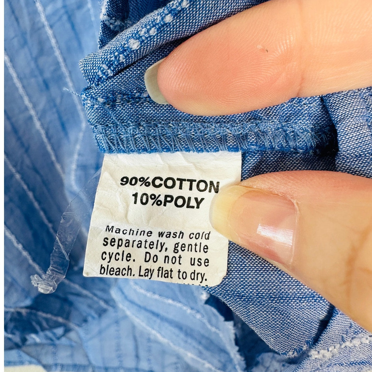 American Colors Denim Blue White Fuzzy Stitch Stripe Button Shirt M