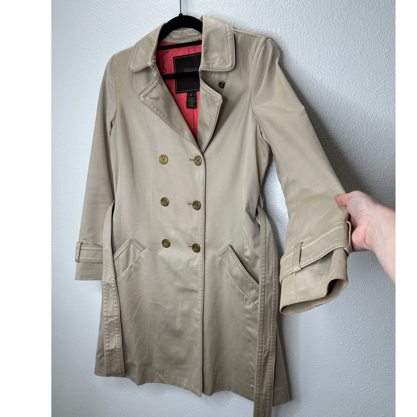 Coach Tan Double Breasted Tie Belt Trench Coat Gold Buttons Small