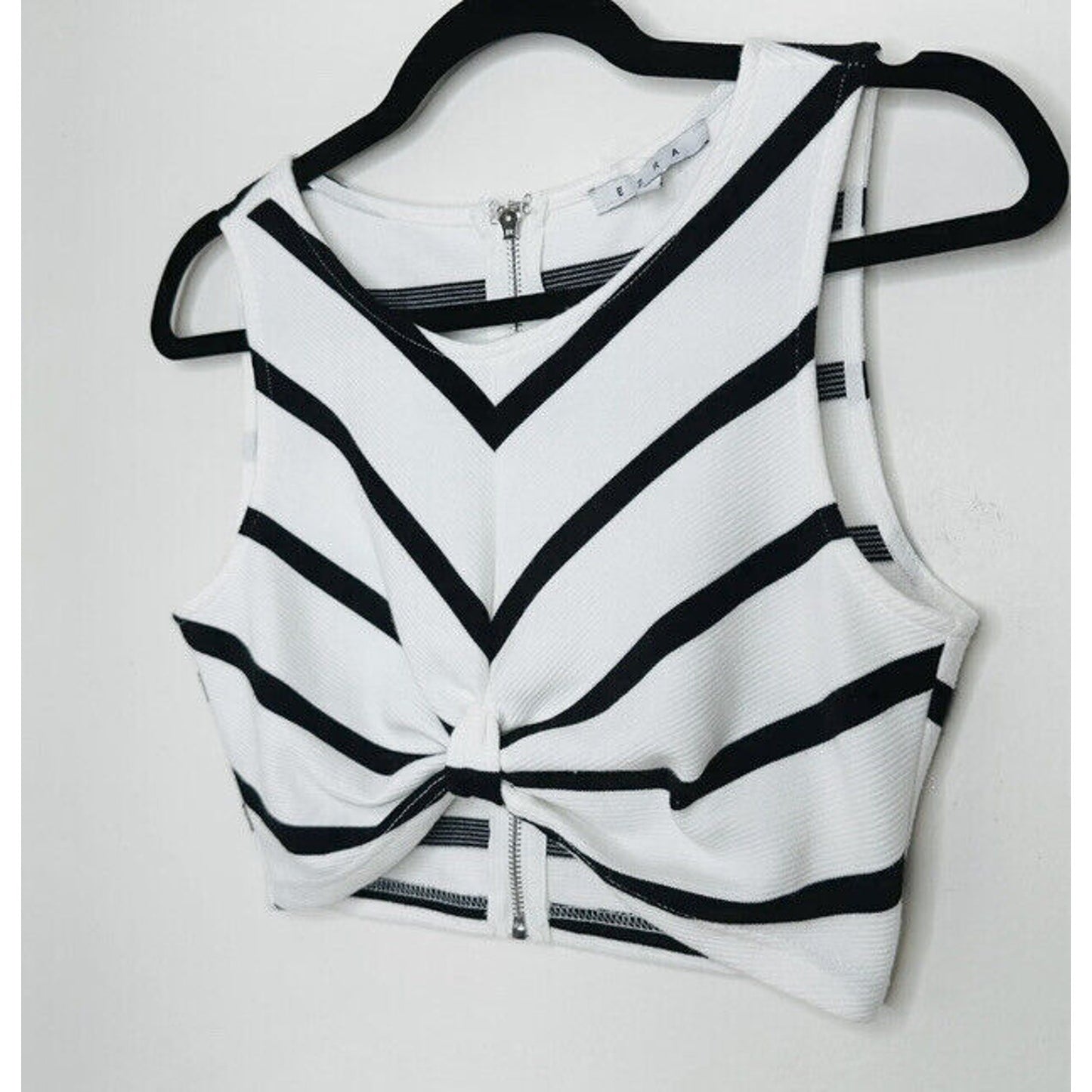 Ezra Black & White Striped Sleeveless V-Neck Crop Gathered Front Knot Back Zip S