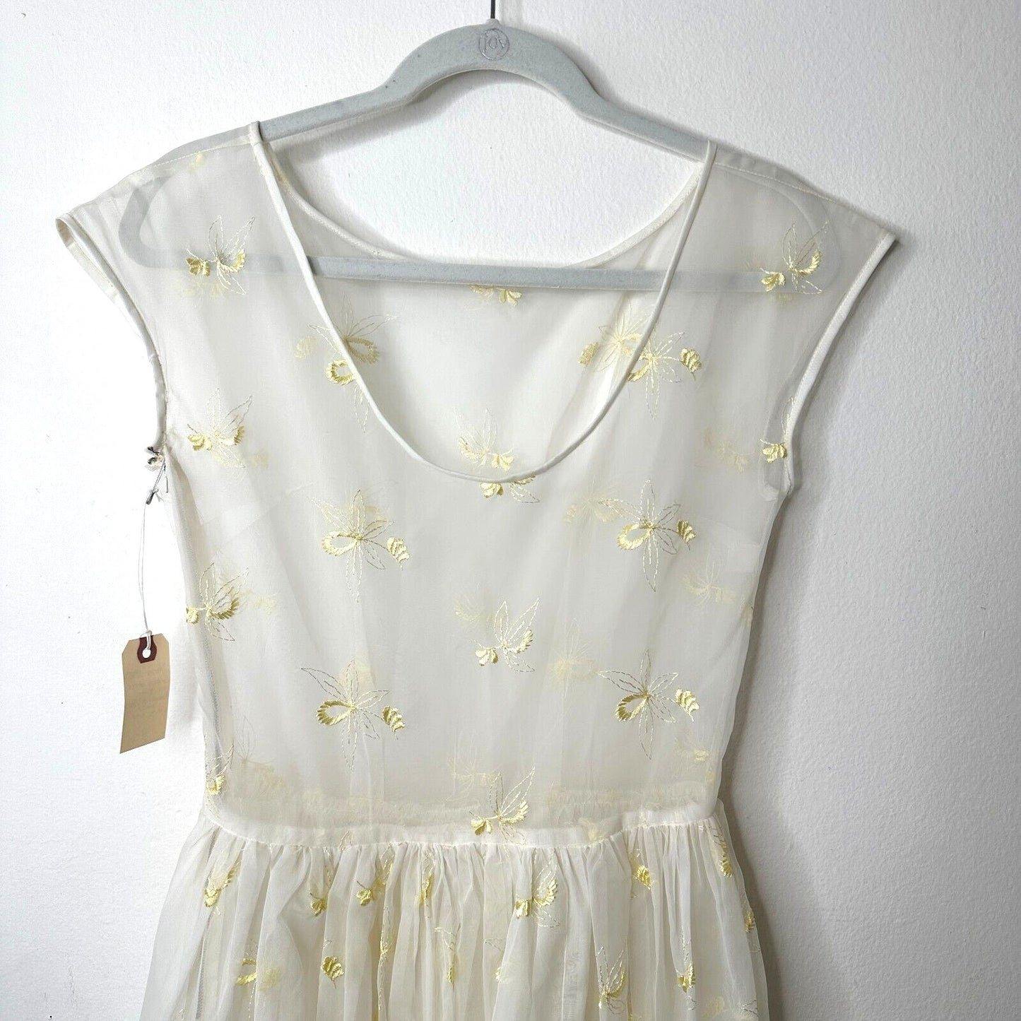 VINTAGE Sheer 50s Pale Lemon Yellow Floral Design Embroidered Sleeveless Dress