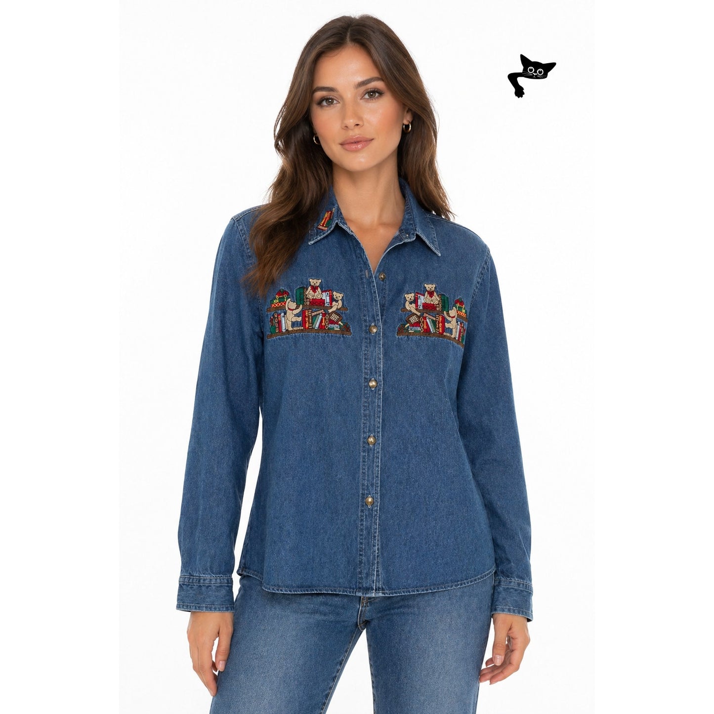 Vintage Cabin Creek Denim Shirt Embroidered Teddy Bears Books Women PL