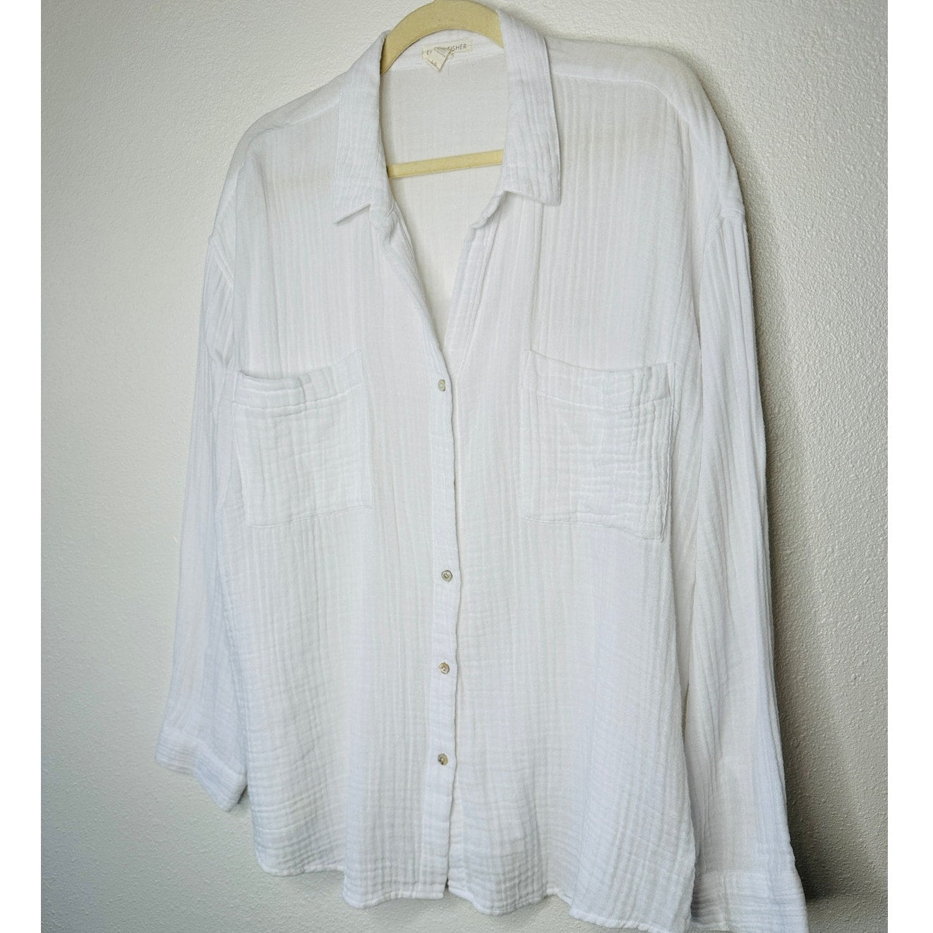 Eileen Fisher 100% Cotton Linen Long Sleeve Button Down Puckered Shirt L