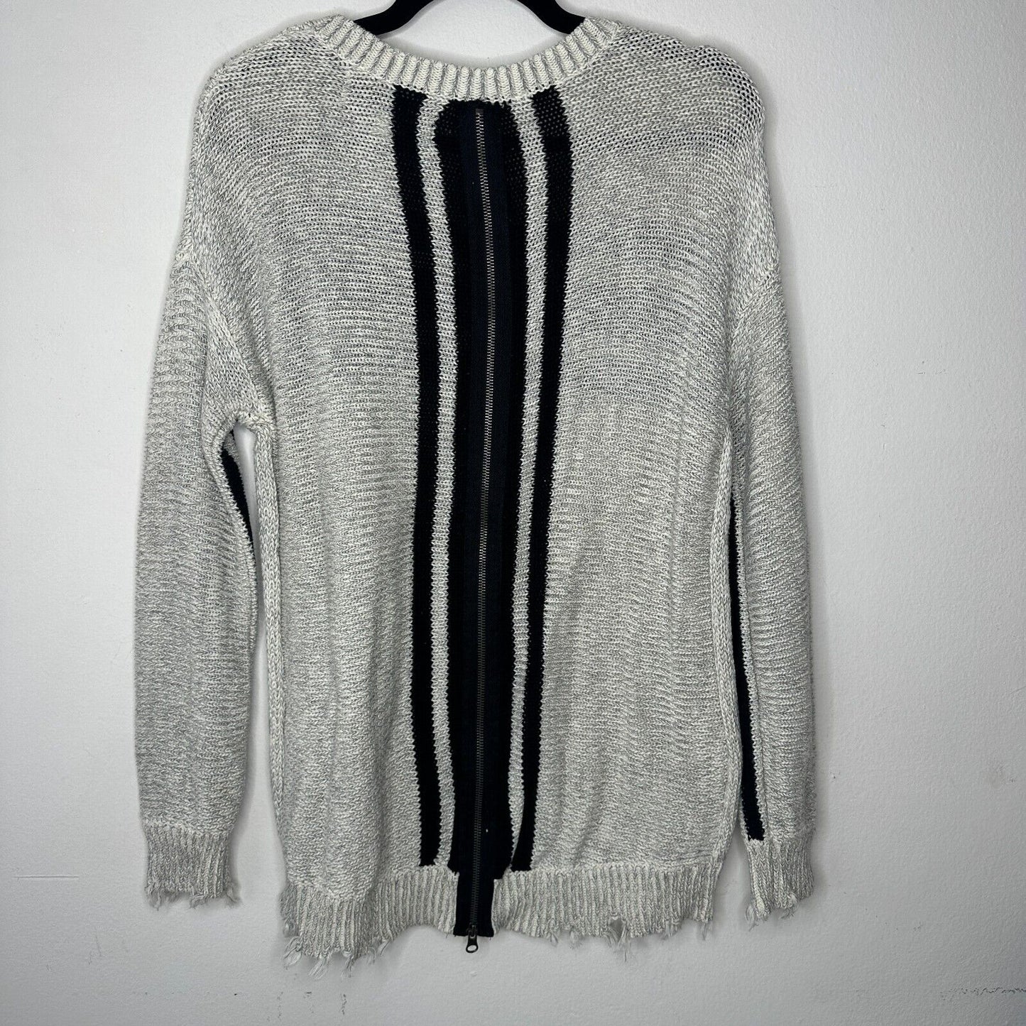 Havana Gray Black Stripe Distressed Long Sleeve Round Neck Sweater Zip Back SM