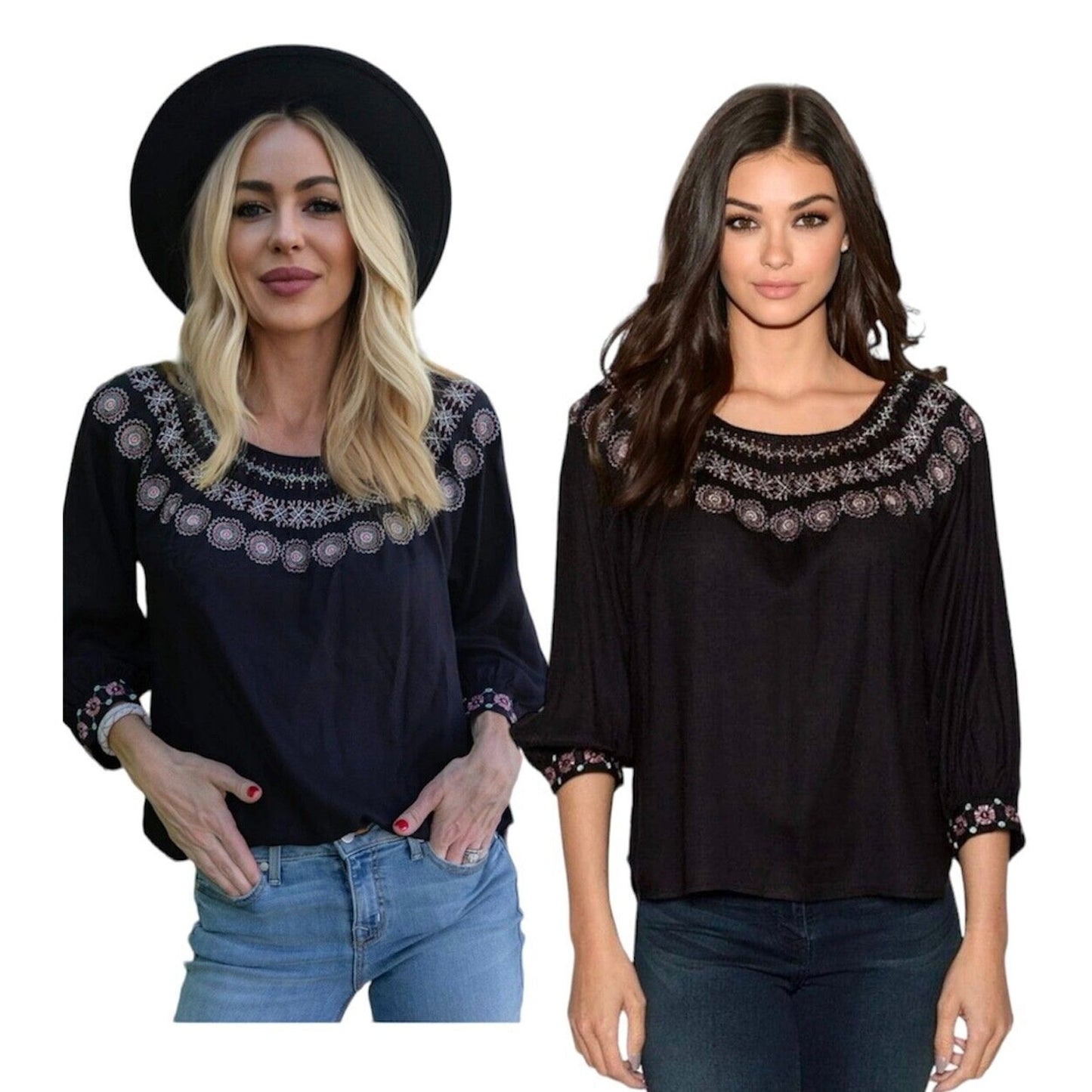 Velvet By Graham & Spencer Eva Black Peasant Top Pastel Embroidered Neck XS