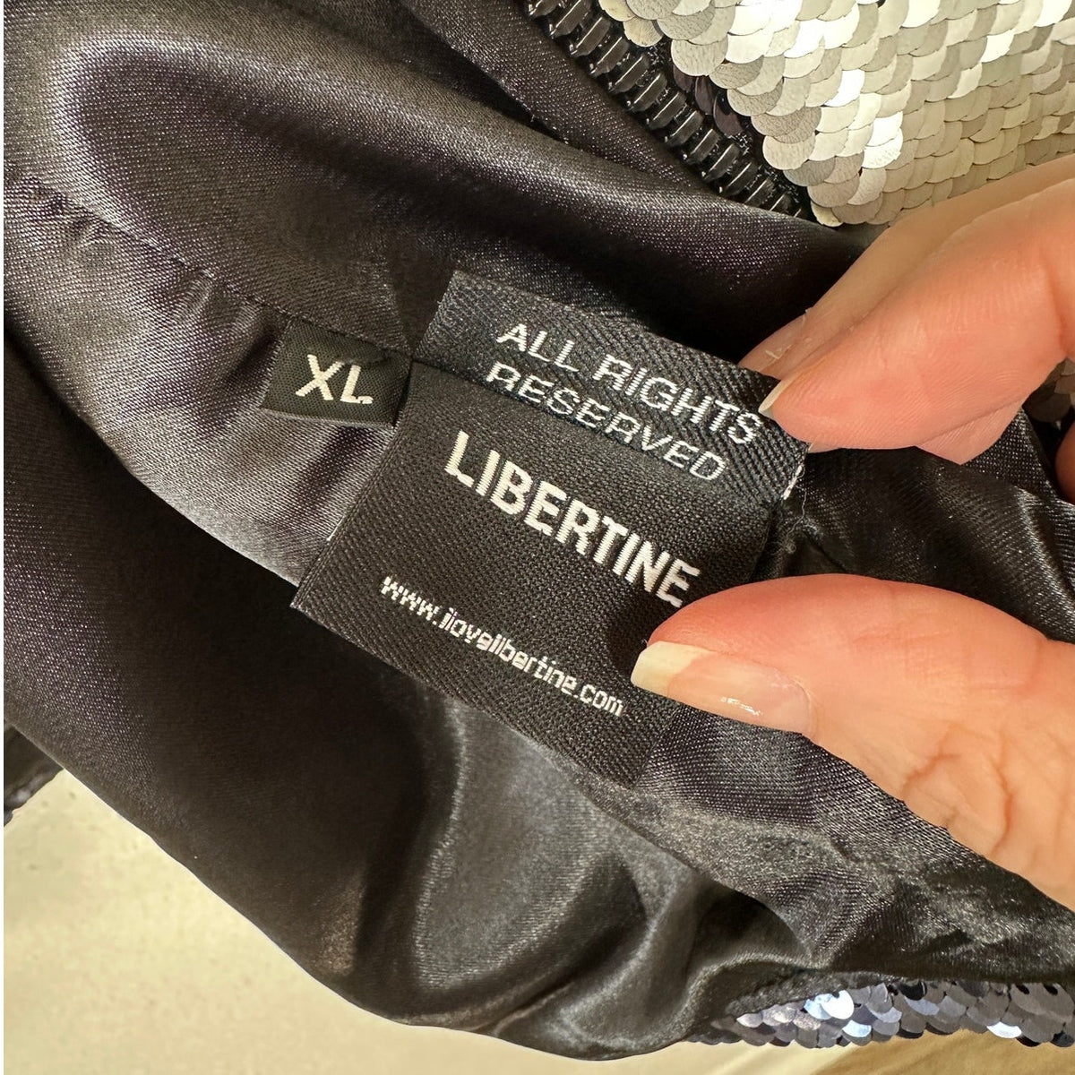 Libertine Silver Black Reversible Sequin Front Zip Long Sleeve Bomber Jacket XL
