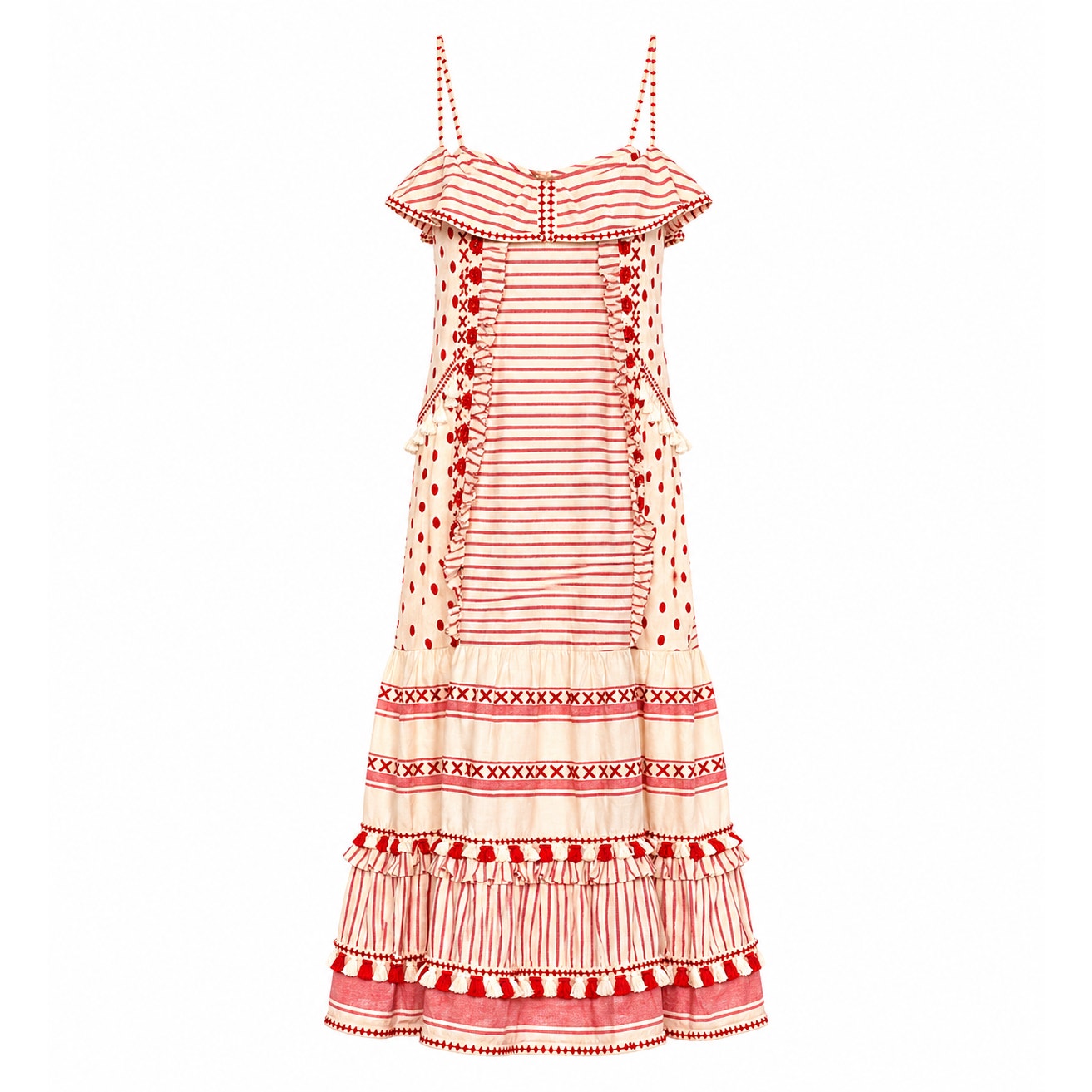 DODO BAR Tan & Red Stripe Polka Dot Ruffle Fringe Maxi Boho Resort Dress  S