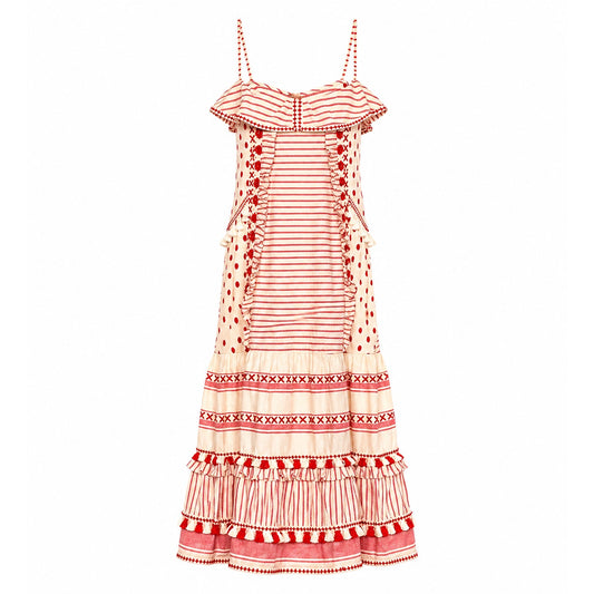 DODO BAR Tan & Red Stripe Polka Dot Ruffle Fringe Maxi Boho Resort Dress  S