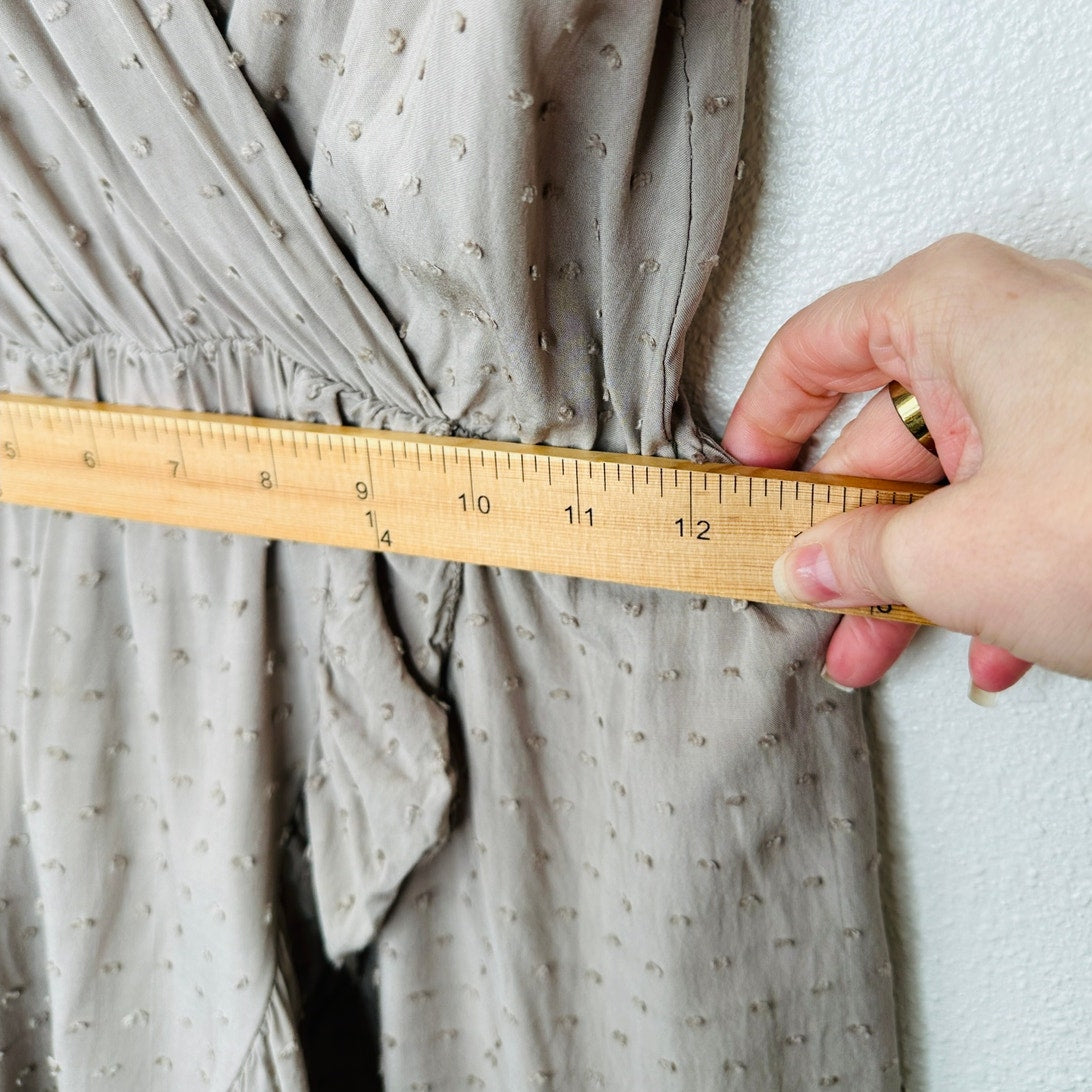 Alice Rinaldi Taupe Tonal Polka Dot Short Sleeve Faux Wrap Ruffle Dress M