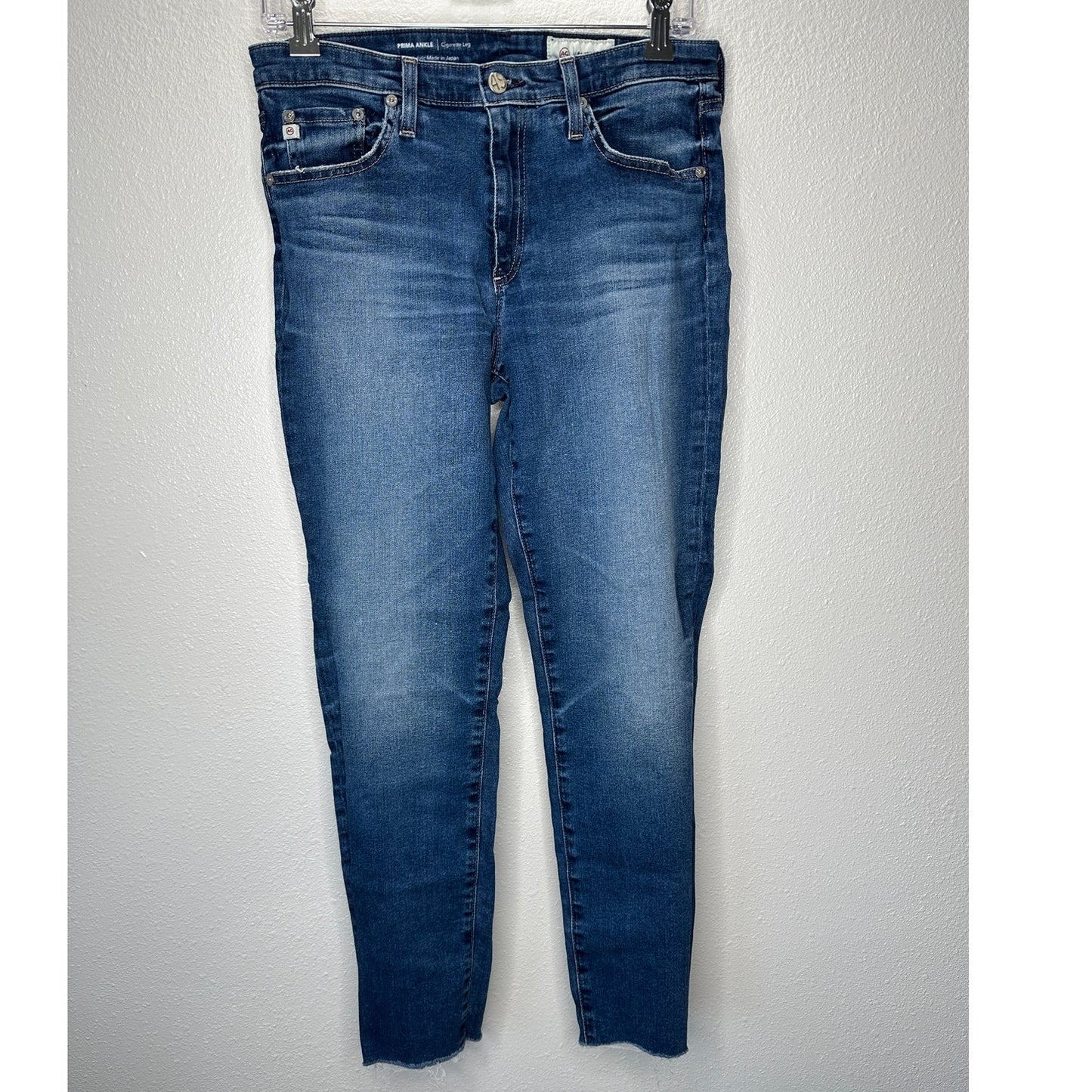 AG Medium Dark Wash The Prima Ankle Cigarette Leg Raw Hem Jeans 30