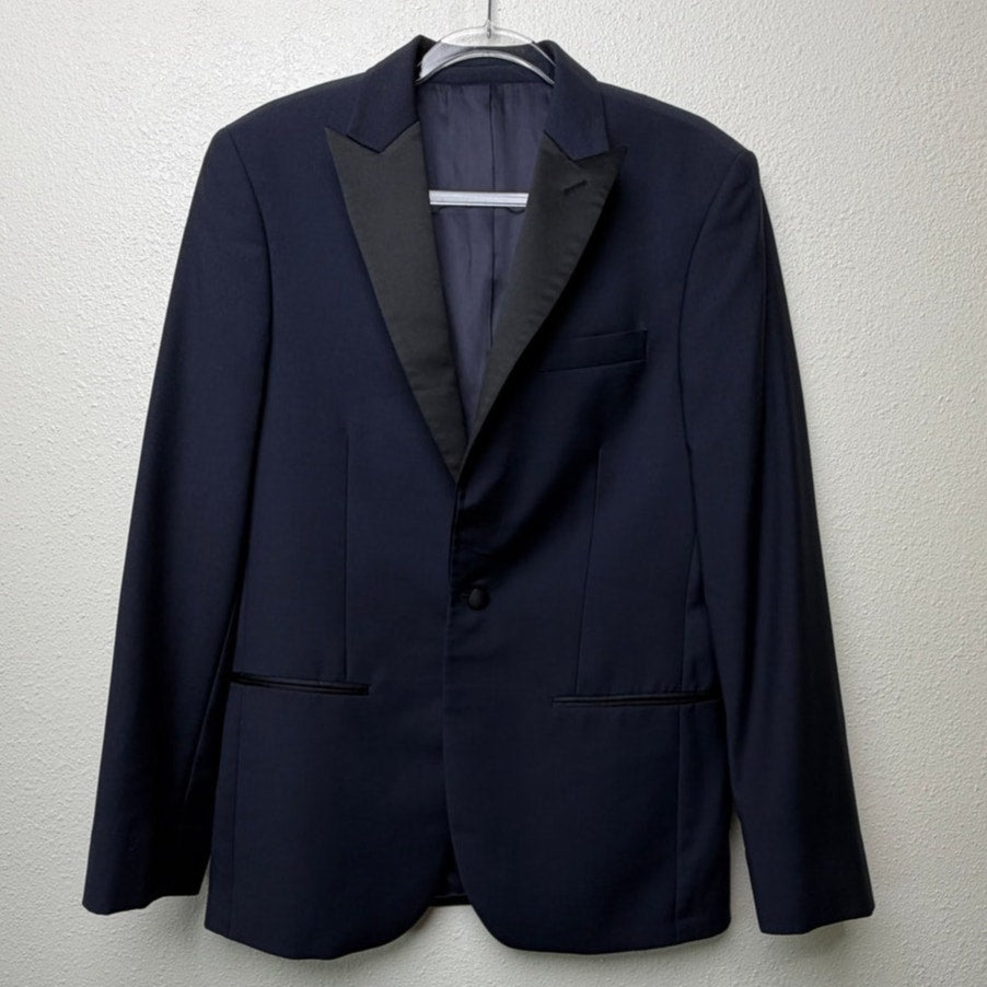 The Black Tux Navy Merino Wool Tuxedo Jacket Black Satin Peak Lapel Men's 40R
