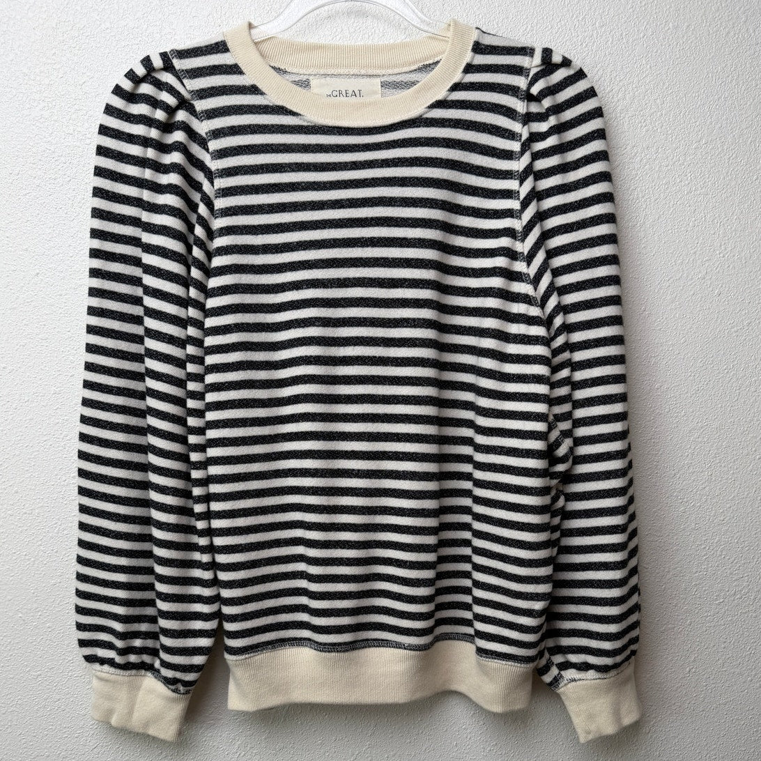 The Great. Black & Cream Striped Pleated Shoulder Sweatshirt Sweater
