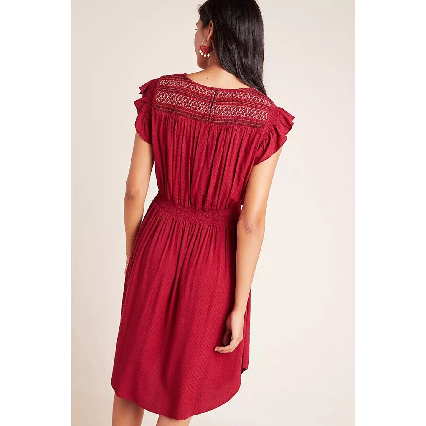 Anthropologie Dolan Red Left Coast Tansy Smocked Midi Ruffle-Shoulder Dress XS