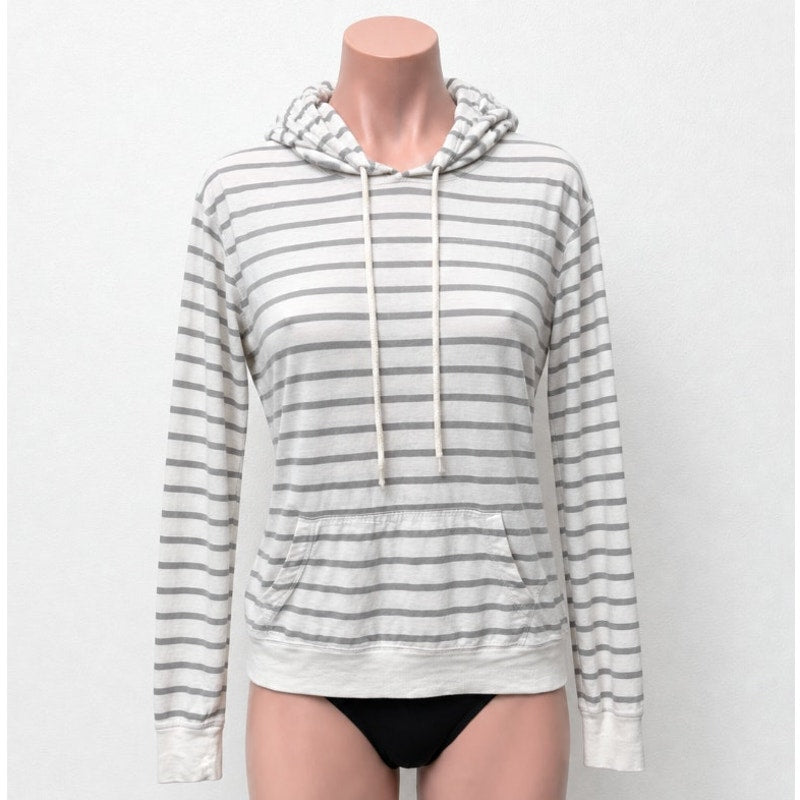 Old Navy White & Gray Striped Pullover Front Pocket Hoodie L