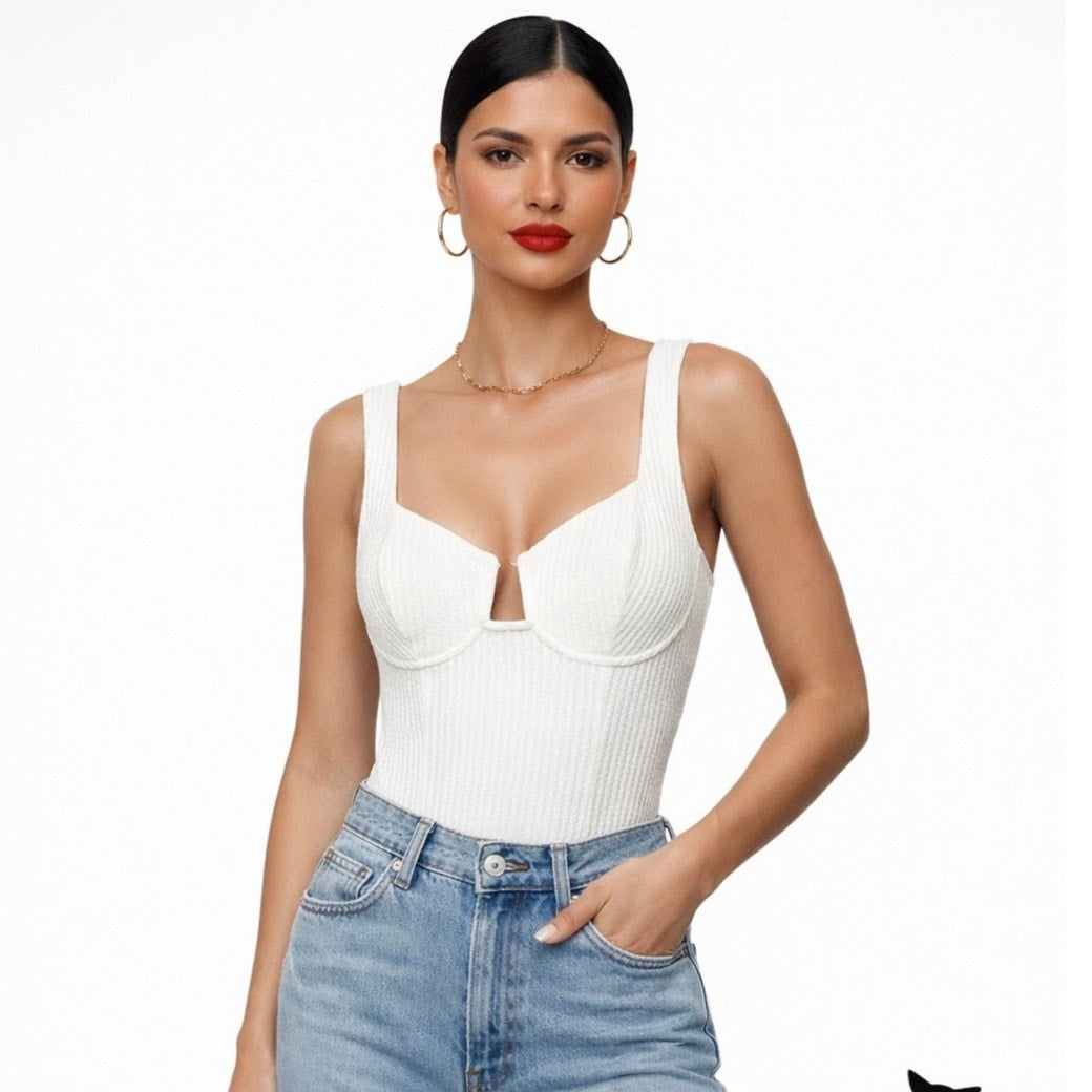 ASTR The Label Off White Textured Seersucker Bodysuit XS