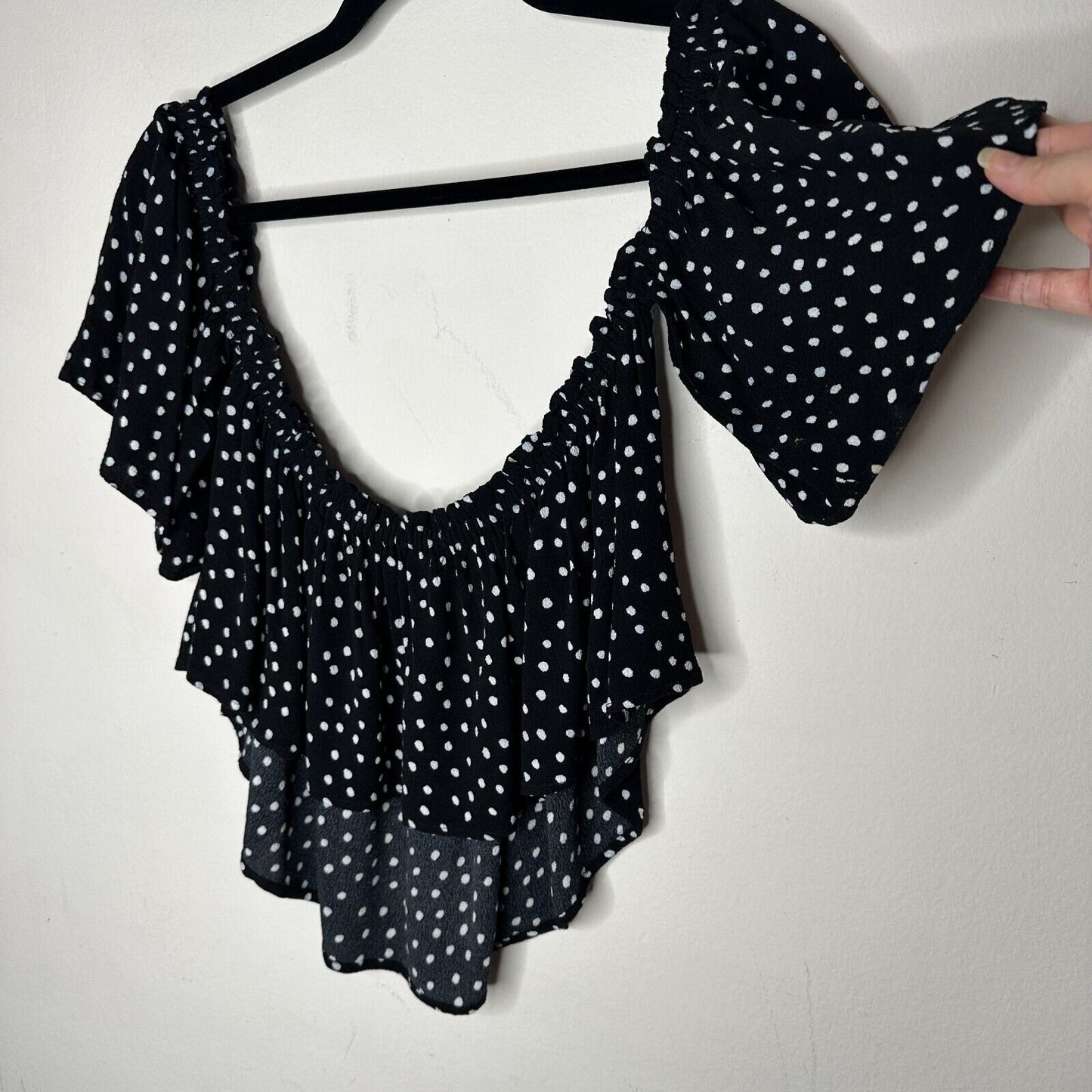 Revolve NBD Cute Black & White Polka Dot Off-Shoulder Ruffled Crop Top Blouse L