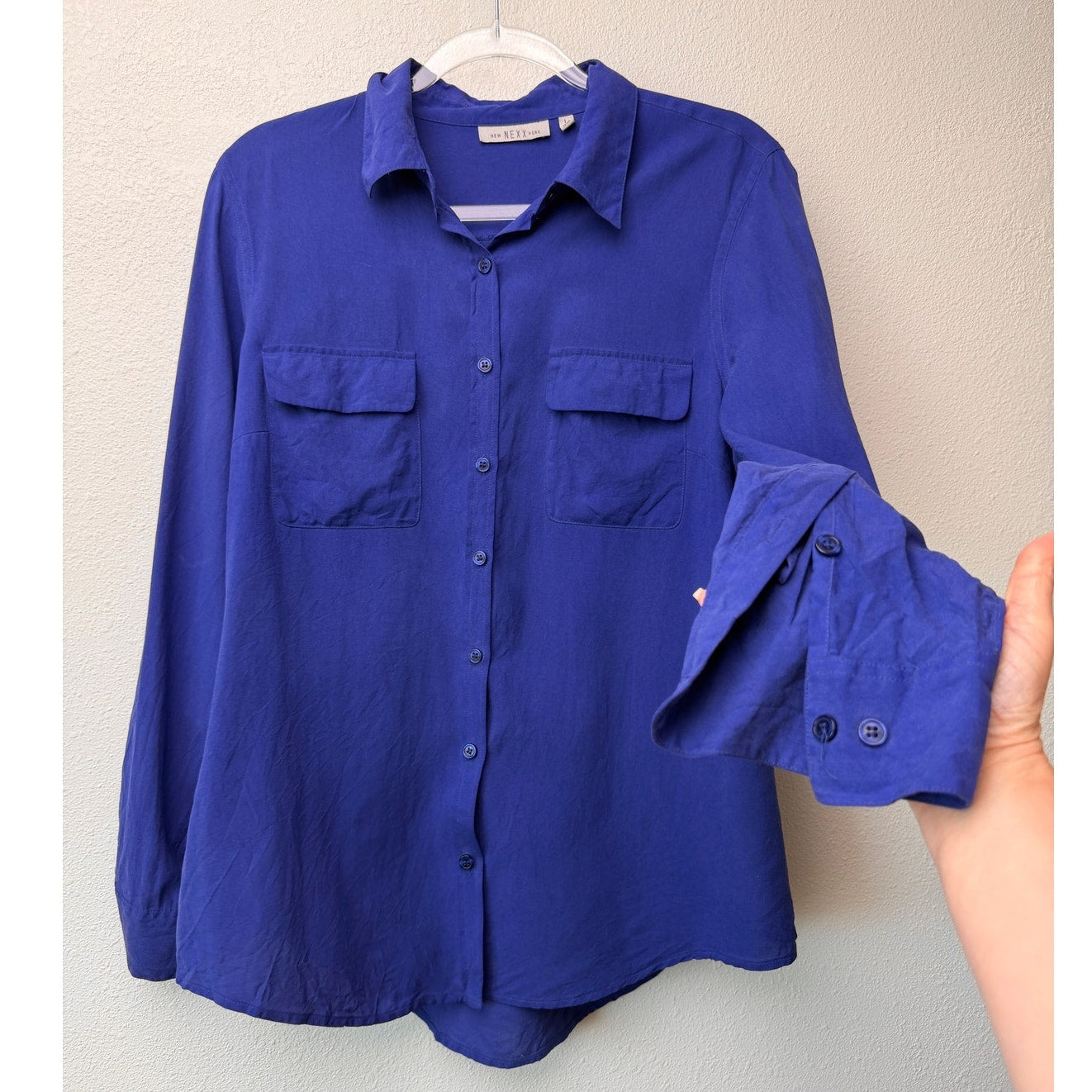 New Nexx York 100% Silk Periwinkle Button Front Blouse Womens L