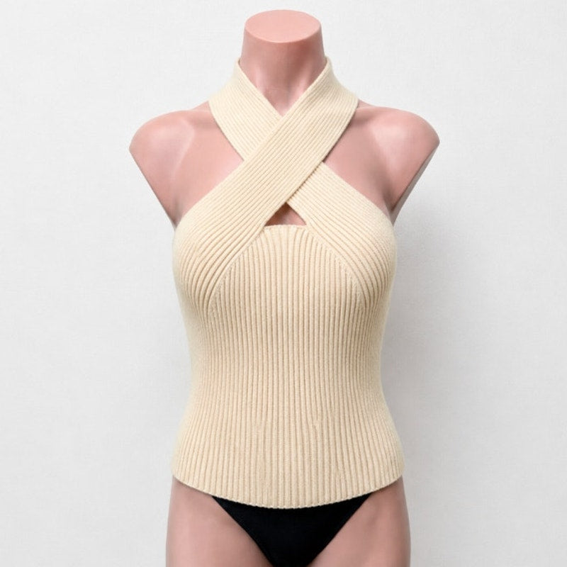 Cider Beige Ribbed Knit Sleeveless Criss Cross Front Halter Stretch Crop Top XL