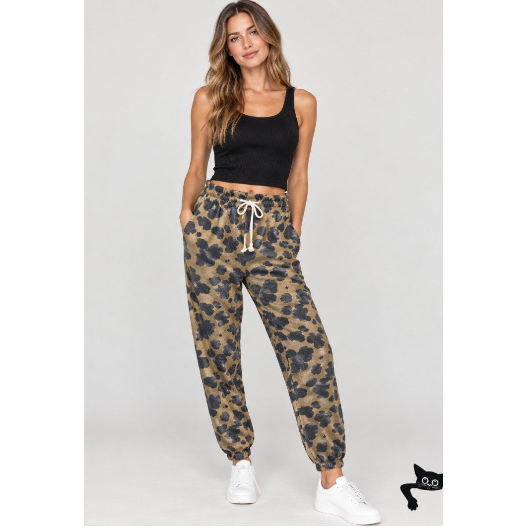 Entro Muted Tan and Black Cheetah Print Drawstring Jogger Pants With Pockets L
