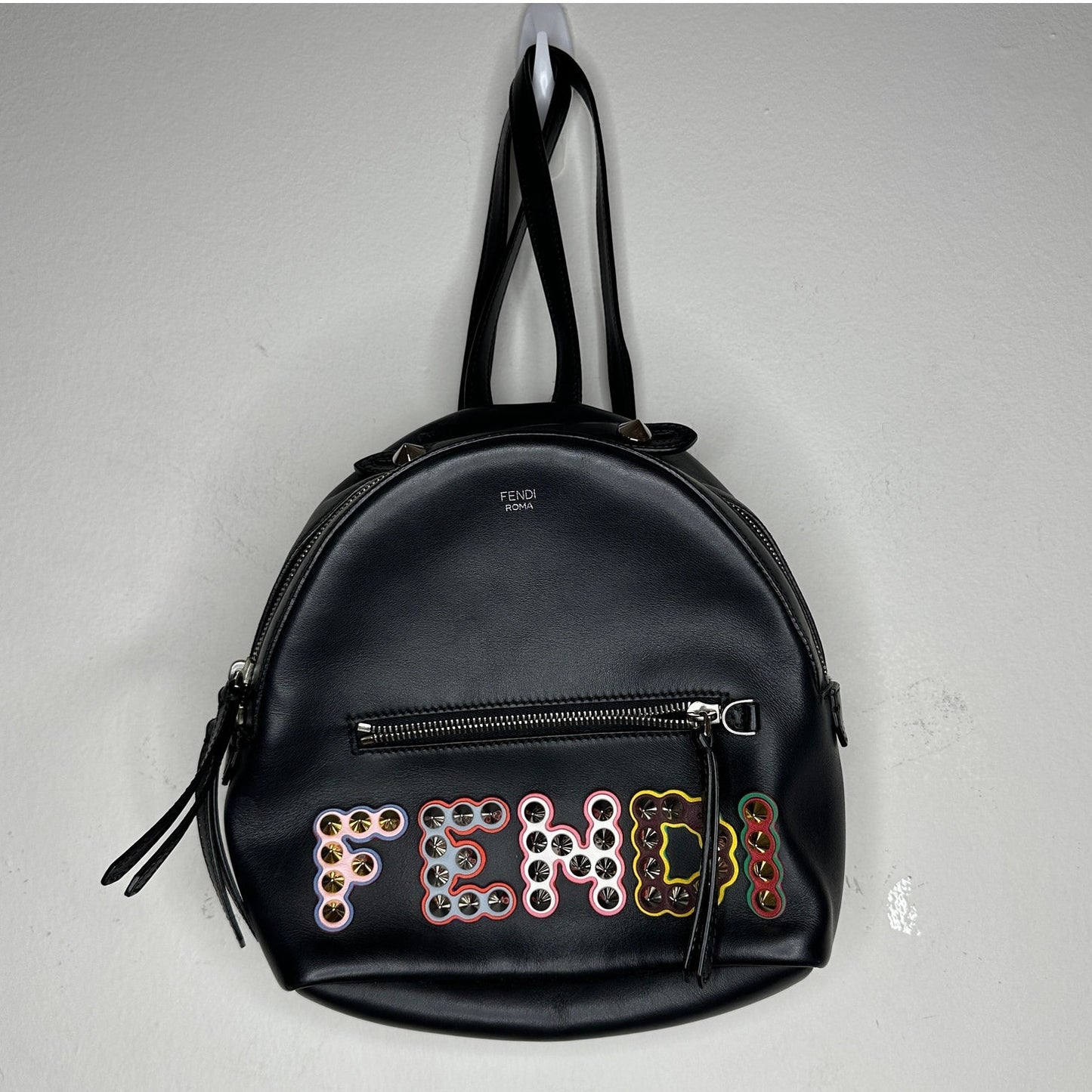 Fendi Roma Mini By The Way Leather Backpack Black Silver Gold Studded Logo Bag
