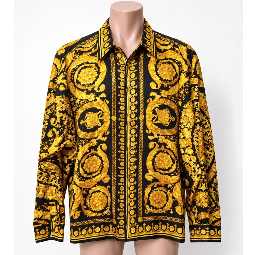 Gianni Versace Men's XL Black Gold Baroque Silk Shirt