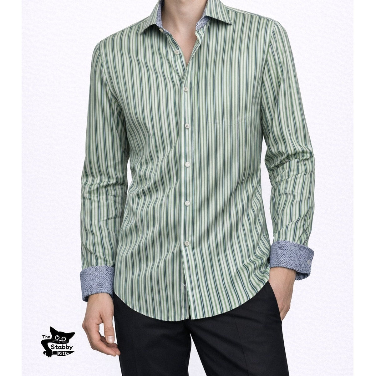 Bugatchi Shaped Fit Stripe Button Front Shirt Green Men’s L